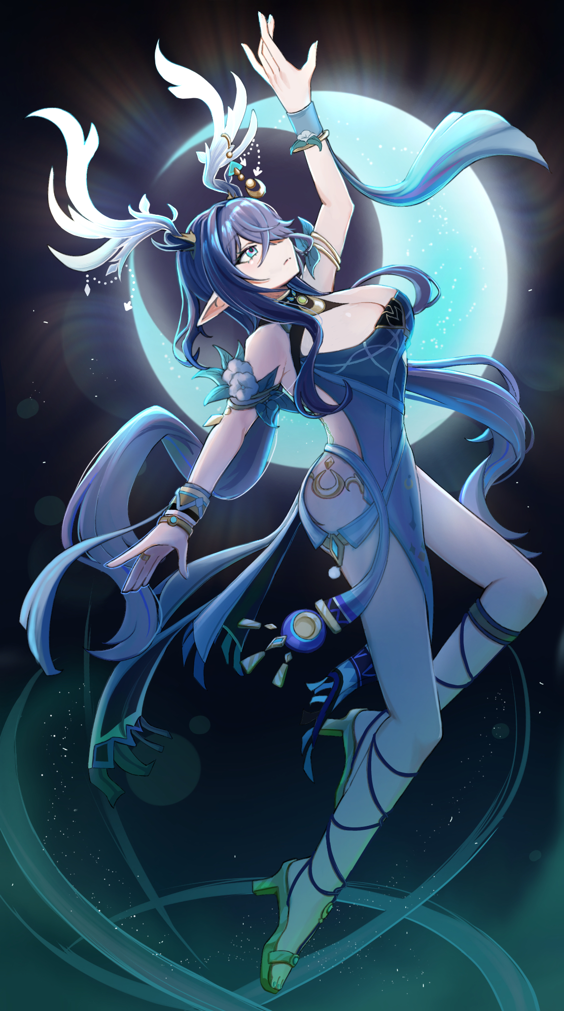 lauma (genshin impact), genshin impact, highres, 1girl, antlers, aqua eyes, armlet, blue dress, bracelet, breasts, cleavage, closed mouth, crescent moon, deer antlers, dress, flower, full body, horns, ichigooo 131, jewelry, large breasts, long hair, moon, pointy ears, sandals, solo, strapless, strapless dress, very long hair, white flower
