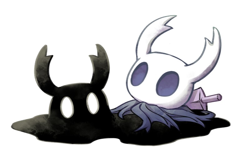fuifui, knight (hollow knight), shade (hollow knight), hollow knight, grey cloak, horns, looking at viewer, mask, nail (hollow knight), simple background, weapon, white background, white eyes