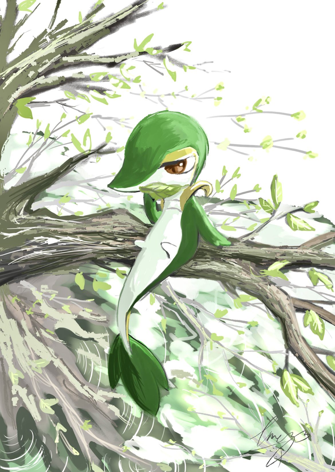eme ko, snivy, nintendo, pokemon, highres, branch, full body, gen 5 pokemon, leaf, leaf flute, no humans, outdoors, pokemon (creature), pokemon focus, red eyes, sitting, solo, tail, tree, water