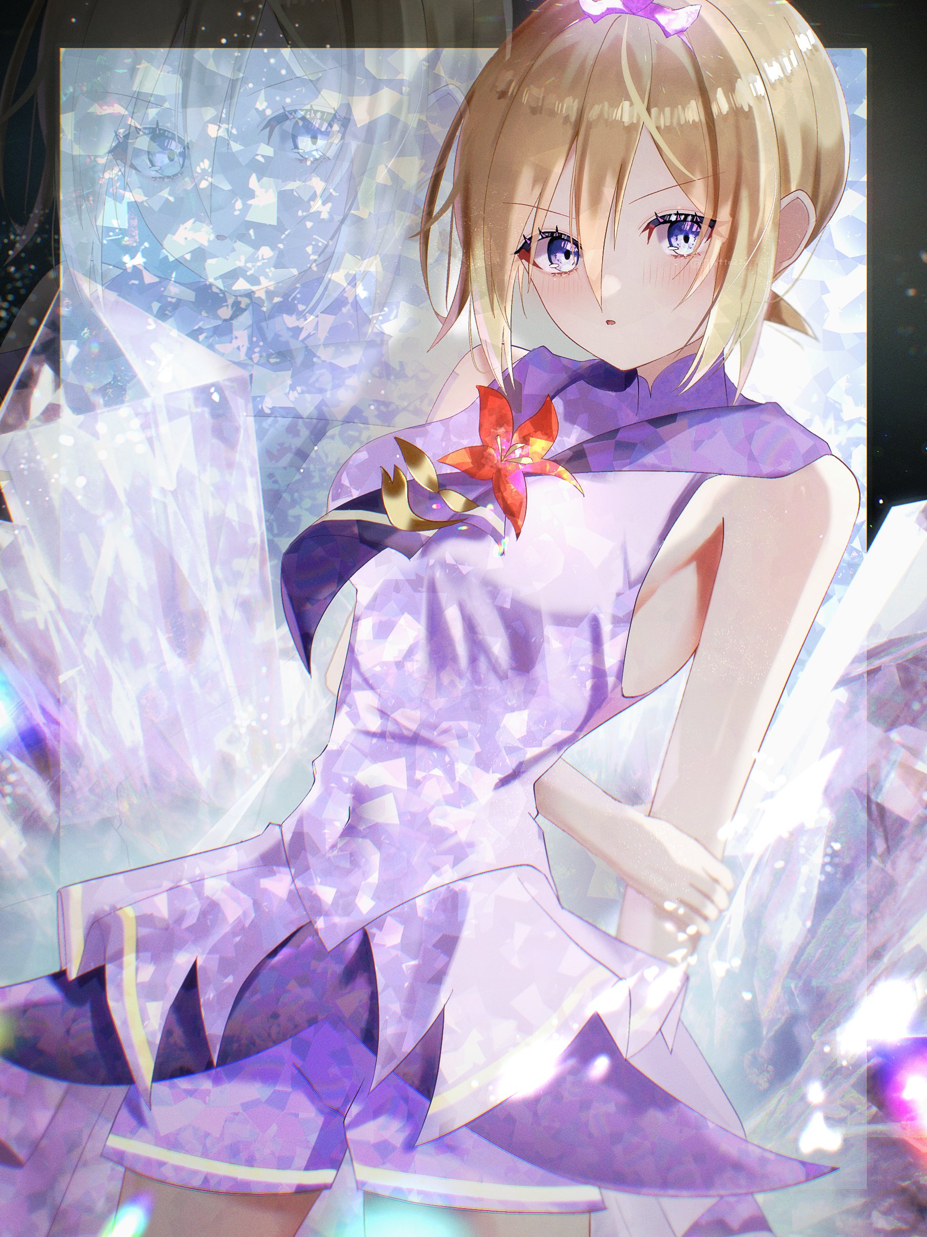 tyotto22, irida (anniversary 2025) (pokemon), irida (pokemon), nintendo, pokemon, pokemon masters ex, absurdres, highres, 1girl, arm behind back, blonde hair, blush, breasts, crystal, dress, flower, hair between eyes, headband, neckerchief, official alternate costume, parted lips, purple dress, purple headband, purple neckerchief, purple shorts, short hair, shorts, shorts under dress, sleeveless, sleeveless dress