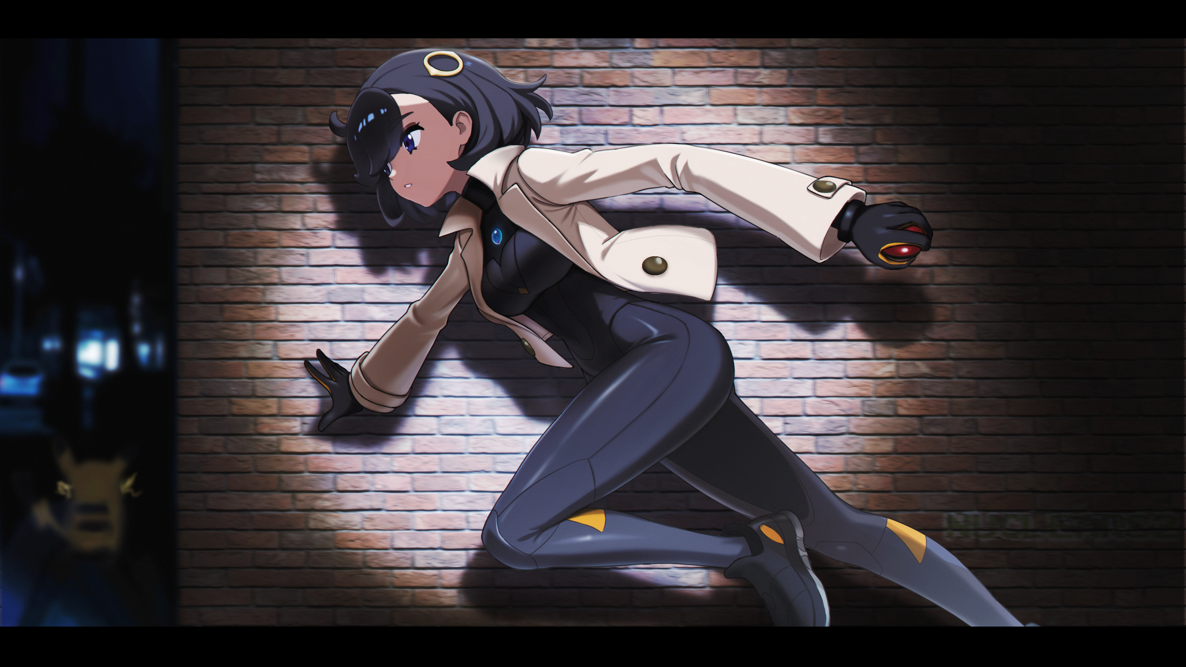 nuclear82, emma (pokemon), nintendo, pokemon, pokemon legends: z-a, absurdres, commentary request, highres, 1girl, black bodysuit, black gloves, black hair, blue eyes, bodysuit, breasts, brick wall, from side, gloves, hair ornament, holding, holding poke ball, jacket, leg up, letterboxed, night, open clothes, open jacket, outdoors, poke ball, poke ball (basic), running, shadow, short hair, solo, spread fingers
