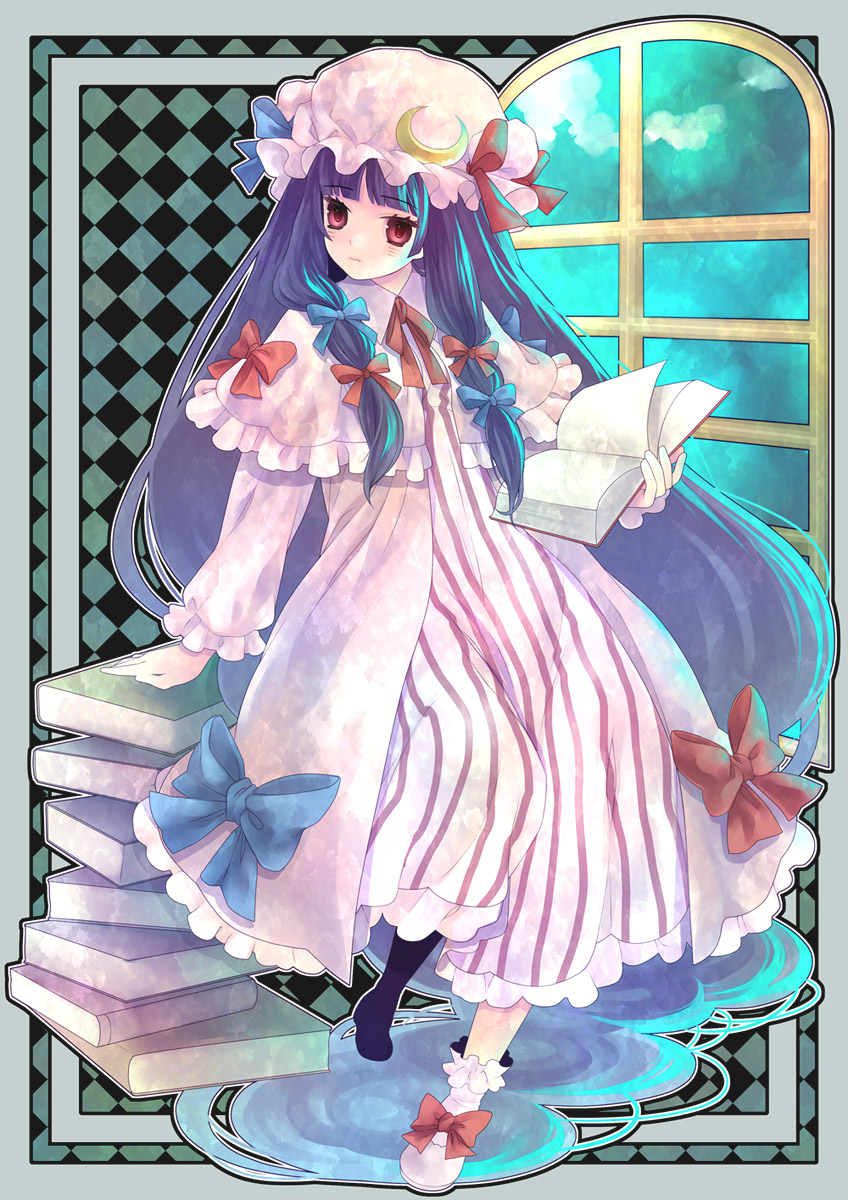 yoko (shiocolor), patchouli knowledge, touhou, bad id, bad pixiv id, highres, 1girl, book, female focus, full body, hat, indoors, long hair, purple hair, red eyes, ribbon, siomusubi, sitting, sky, solo, window