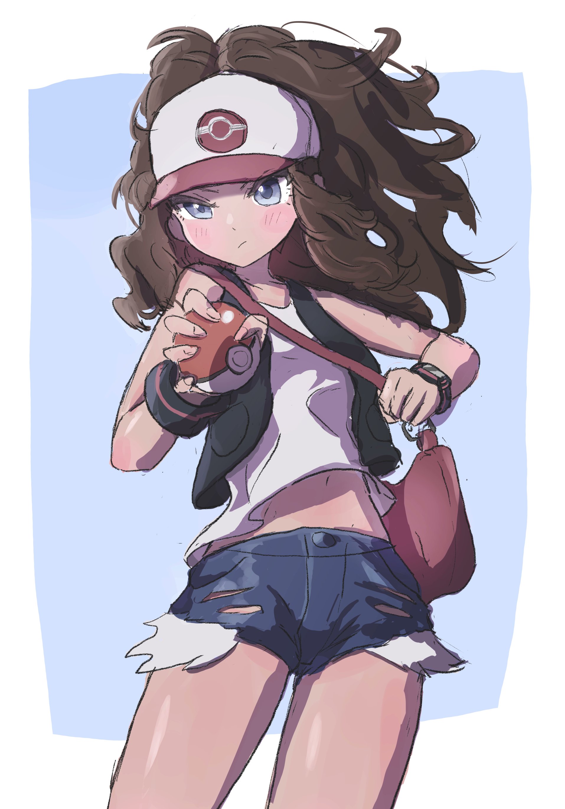 pokanine, hilda (pokemon), nintendo, pokemon, pokemon bw, absurdres, commentary, highres, 1girl, :/, bag, baseball cap, black vest, blue shorts, border, brown hair, cowboy shot, denim, denim shorts, handbag, hat, high ponytail, holding, holding bag, holding poke ball, long hair, looking at viewer, midriff peek, navel, poke ball, poke ball (basic), ponytail, short shorts, shorts, solo, tank top, v-shaped eyebrows, very long hair, vest, watch, white border, white tank top, wide ponytail, wristwatch