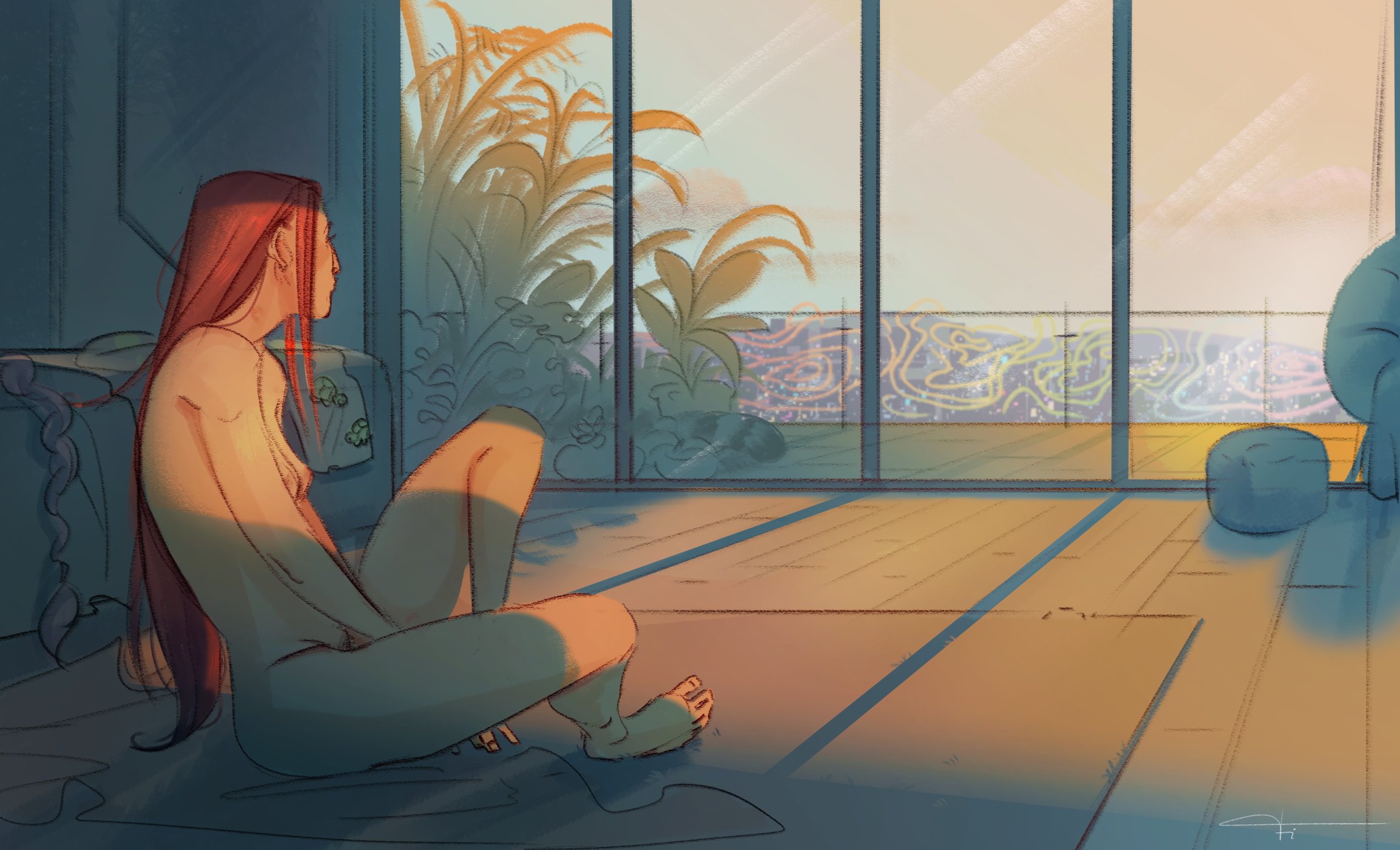 sangoundercover, mira (kpop demon hunters), rumi (kpop demon hunters), kpop demon hunters, highres, breasts, casual nudity, dutch braided ponytail, female pubic hair, hair down, implied after sex, implied after threesome, implied yuri, long hair, morning, on floor, plant, pubic hair, railing, sitting, small breasts, solo focus, unworn clothes, window