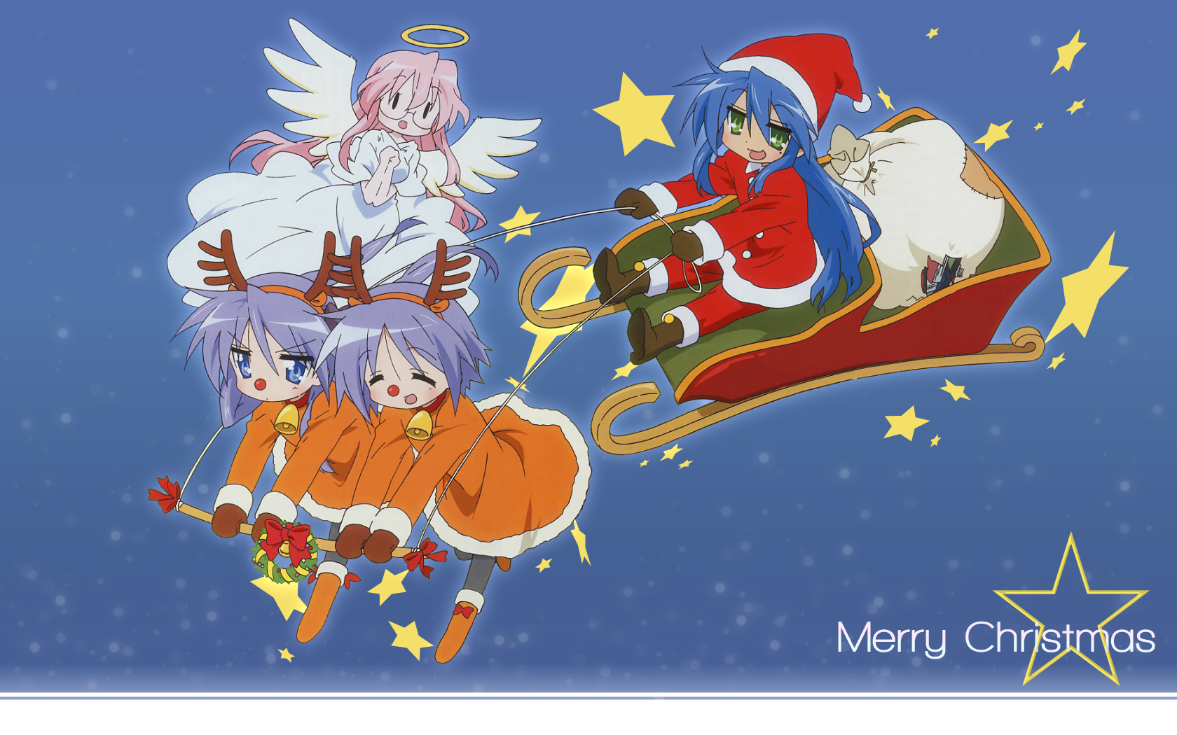 hiiragi kagami, hiiragi tsukasa, izumi konata, takara miyuki, lucky star, highres, tagme, 00s, 4girls, blue eyes, christmas, closed eyes, green eyes, hat, long hair, mole, mole under eye, multiple girls, pink hair, purple hair, short hair, sisters, sitting, twins, wings
