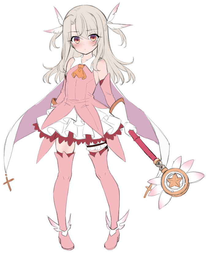 touchuu kasou, illyasviel von einzbern, fate/kaleid liner prisma illya, fate (series), 1girl, bare shoulders, blonde hair, blush, boots, breasts, collarbone, dress, full body, gloves, hair ornament, holding, holding staff, layered skirt, long hair, long sleeves, neckerchief, orange eyes, orange neckerchief, pink boots, pink dress, simple background, skirt, small breasts, solo, staff, thigh boots, white background, white gloves, white skirt