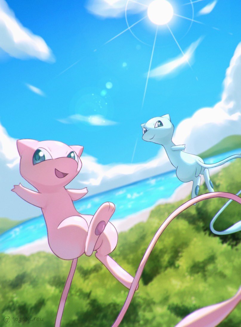 nagato reu, mew (pokemon), nintendo, pokemon, alternate color, beach, blue eyes, blue sky, closed mouth, cloud, gen 1 pokemon, legendary pokemon, looking at viewer, mythical pokemon, no humans, ocean, open mouth, outdoors, pokemon (creature), pokemon focus, shiny pokemon, sky, smile, sun, tail, tree