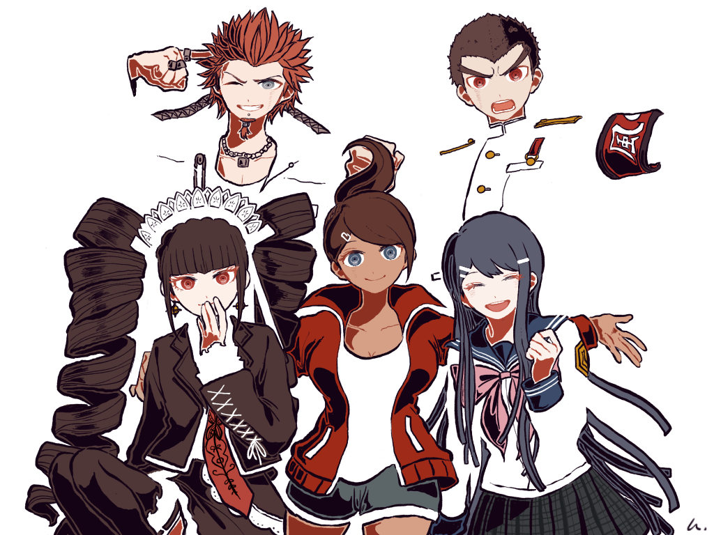 kiri (2htkz), asahina aoi, celestia ludenberg, ishimaru kiyotaka, kuwata leon, maizono sayaka, danganronpa: trigger happy havoc, danganronpa (series), commentary request, 2boys, 3girls, black hair, blue eyes, blue hair, blue sailor collar, bow, breasts, brown hair, closed eyes, closed mouth, collarbone, dark-skinned female, dark skin, drill hair, eyelashes, facial hair, goatee, gothic lolita, hair ornament, hairclip, jacket, jewelry, lolita fashion, long hair, long sleeves, multiple boys, multiple girls, necklace, necktie, negative space, one eye closed, open clothes, open jacket, open mouth, orange hair, outstretched arms, piercing, pink bow, plaid clothes, plaid skirt, ponytail, red eyes, red jacket, red necktie, sailor collar, short hair, shorts, simple background, skirt, smile, spread arms, tan, teeth, twin drills, twintails, v-shaped eyebrows, white background, white headdress, white theme