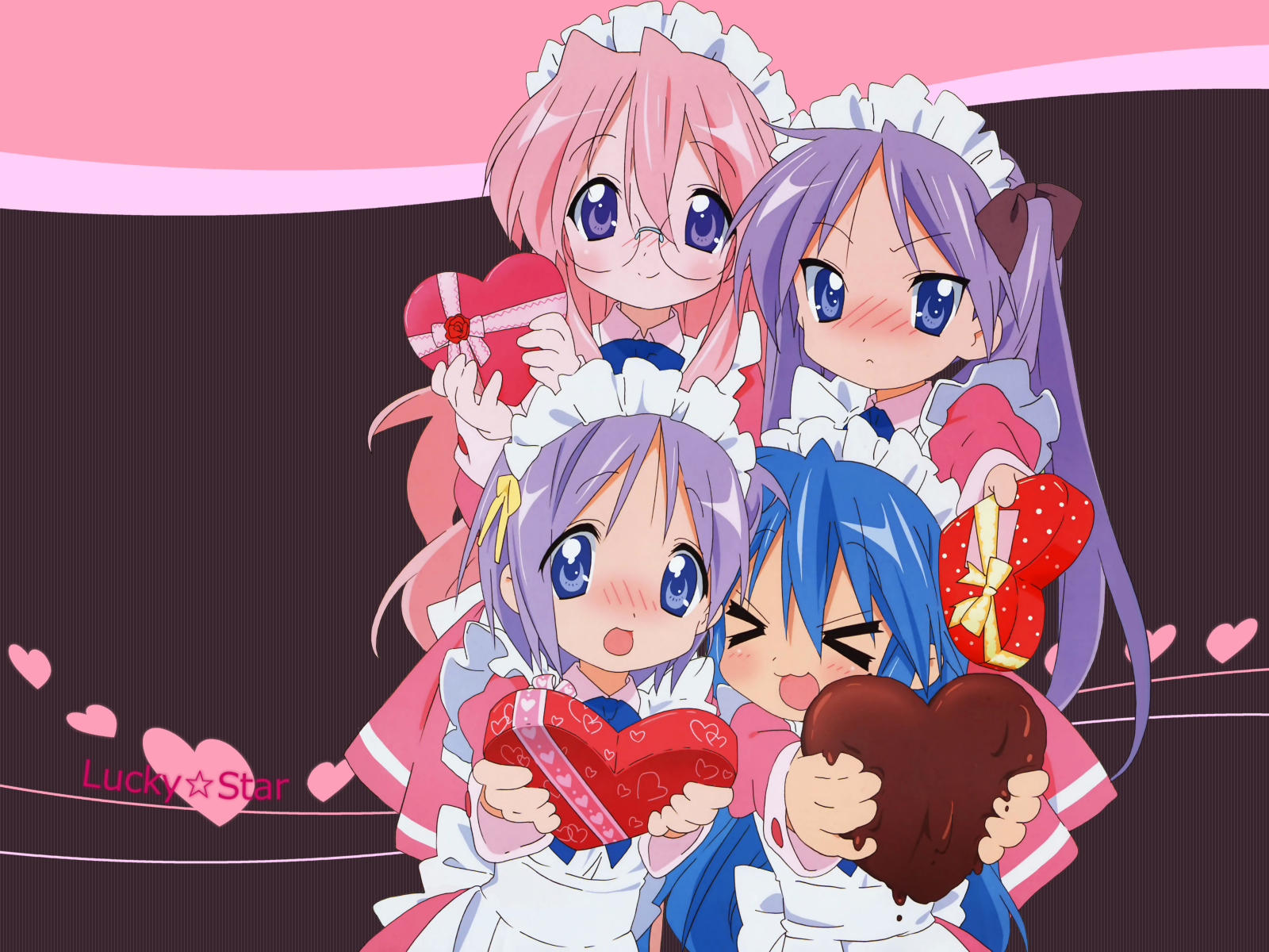 hiiragi kagami, hiiragi tsukasa, izumi konata, takara miyuki, lucky star, highres, tagme, > <, 00s, 4girls, apron, blue eyes, blue hair, blush, closed eyes, glasses, hair ribbon, heart, long hair, looking at viewer, maid, mole, mole under eye, multiple girls, open mouth, pink hair, purple eyes, purple hair, ribbon, short hair, siblings, sisters, standing, tongue, twins, twintails, upper body