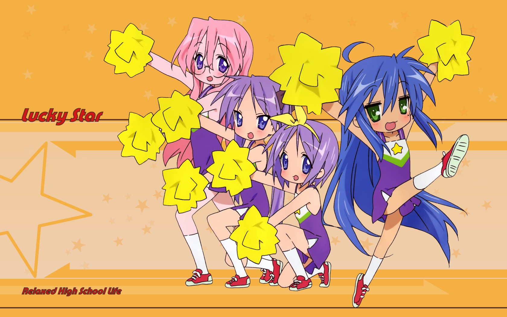 hiiragi kagami, hiiragi tsukasa, izumi konata, takara miyuki, lucky star, highres, 00s, 4girls, ahoge, blue eyes, blue hair, blush, cheerleader, glasses, green eyes, long hair, mole, mole under eye, multiple girls, pink hair, pom pom (cheerleading), purple eyes, purple hair, ribbon, shoes, short hair, siblings, sisters, sneakers, socks, star (symbol), twins, twintails, very long hair