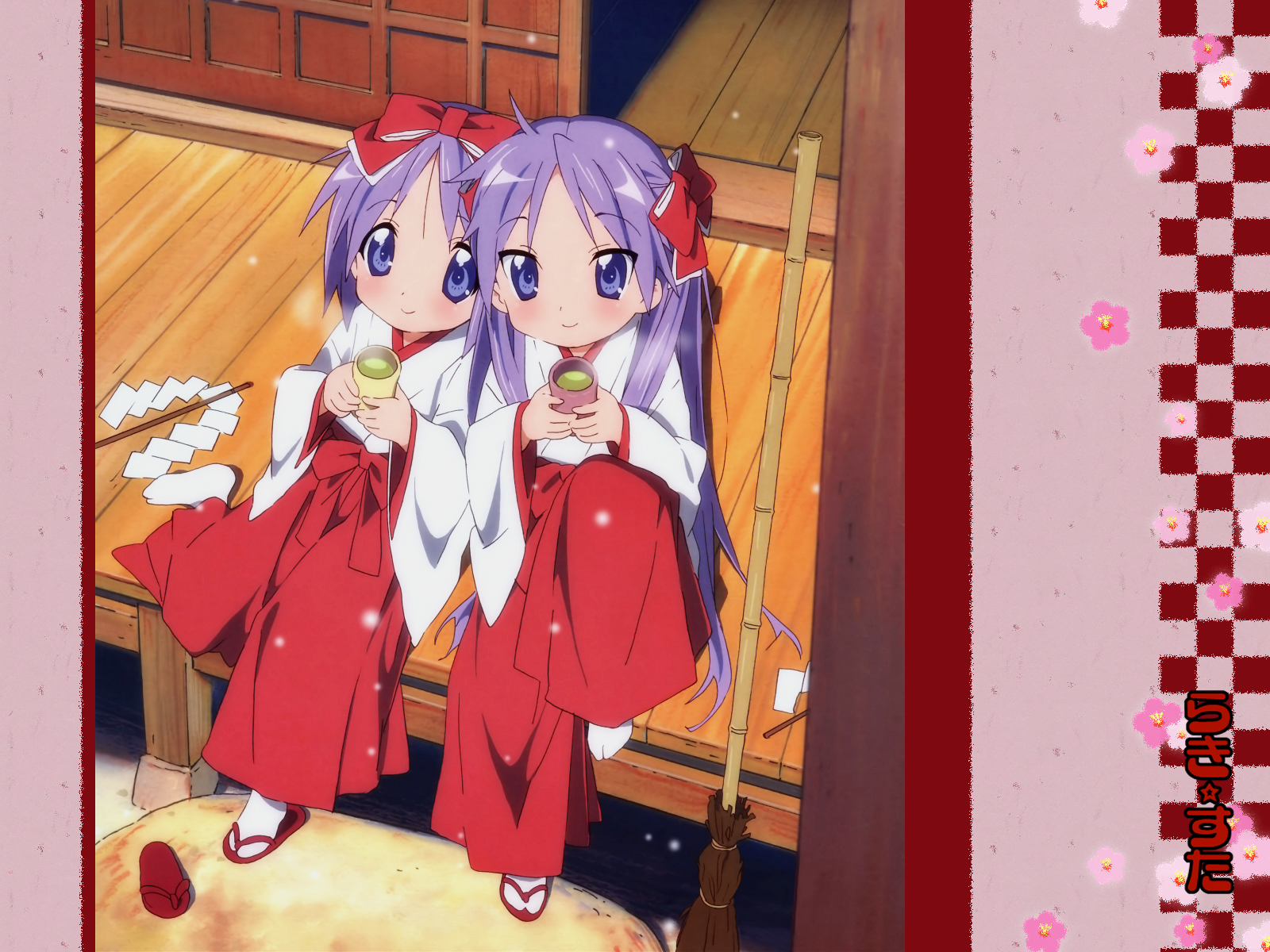 hiiragi kagami, hiiragi tsukasa, lucky star, highres, tagme, 00s, 2girls, blue eyes, blush, hair ribbon, hairband, long hair, looking at viewer, multiple girls, purple hair, ribbon, siblings, sisters, sitting, twins, twintails