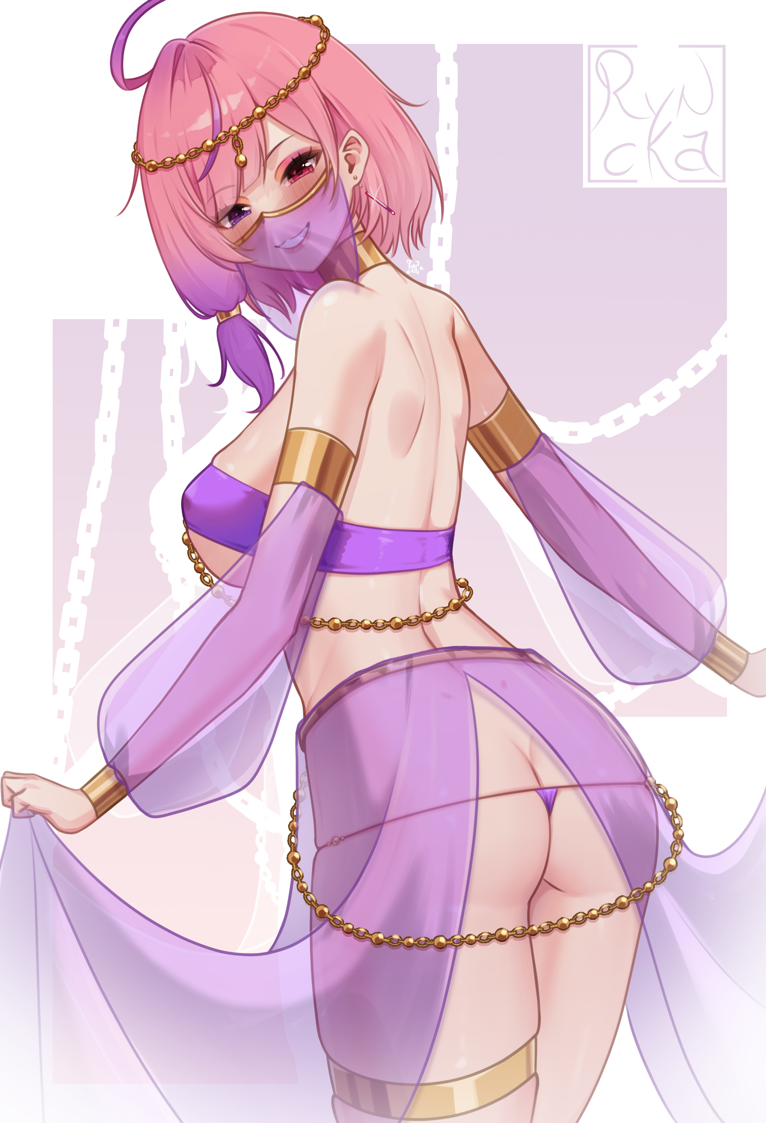 ryncka, essie (vtuber), indie virtual youtuber, 1girl, antenna hair, armlet, arms at sides, artist name, ass, back, bracelet, breasts, cape, covered erect nipples, cowboy shot, detached sleeves, earrings, eyelashes, eyeshadow, female focus, from behind, gradient hair, grin, half-closed eyes, heterochromia, huge ass, jewelry, large breasts, leaning forward, looking at viewer, looking back, lowleg, lowleg panties, makeup, medium hair, mouth veil, multicolored hair, naughty face, panties, pink eyes, pink eyeshadow, pink hair, purple background, purple cape, purple eyes, purple hair, purple panties, purple sleeves, purple tube top, purple veil, simple background, smile, solo, standing, strapless, teeth, thighlet, thighs, thong, tube top, twisted torso, two-tone background, two-tone hair, underwear, veil, virtual youtuber, waist cape