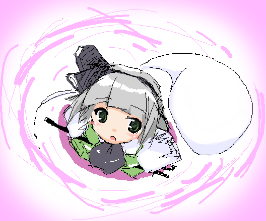 coo (coonekocoo), konpaku youmu, konpaku youmu (ghost), touhou, 1girl, bow, female focus, from above, hitodama, katana, looking up, oekaki, solo, sword, weapon, white hair