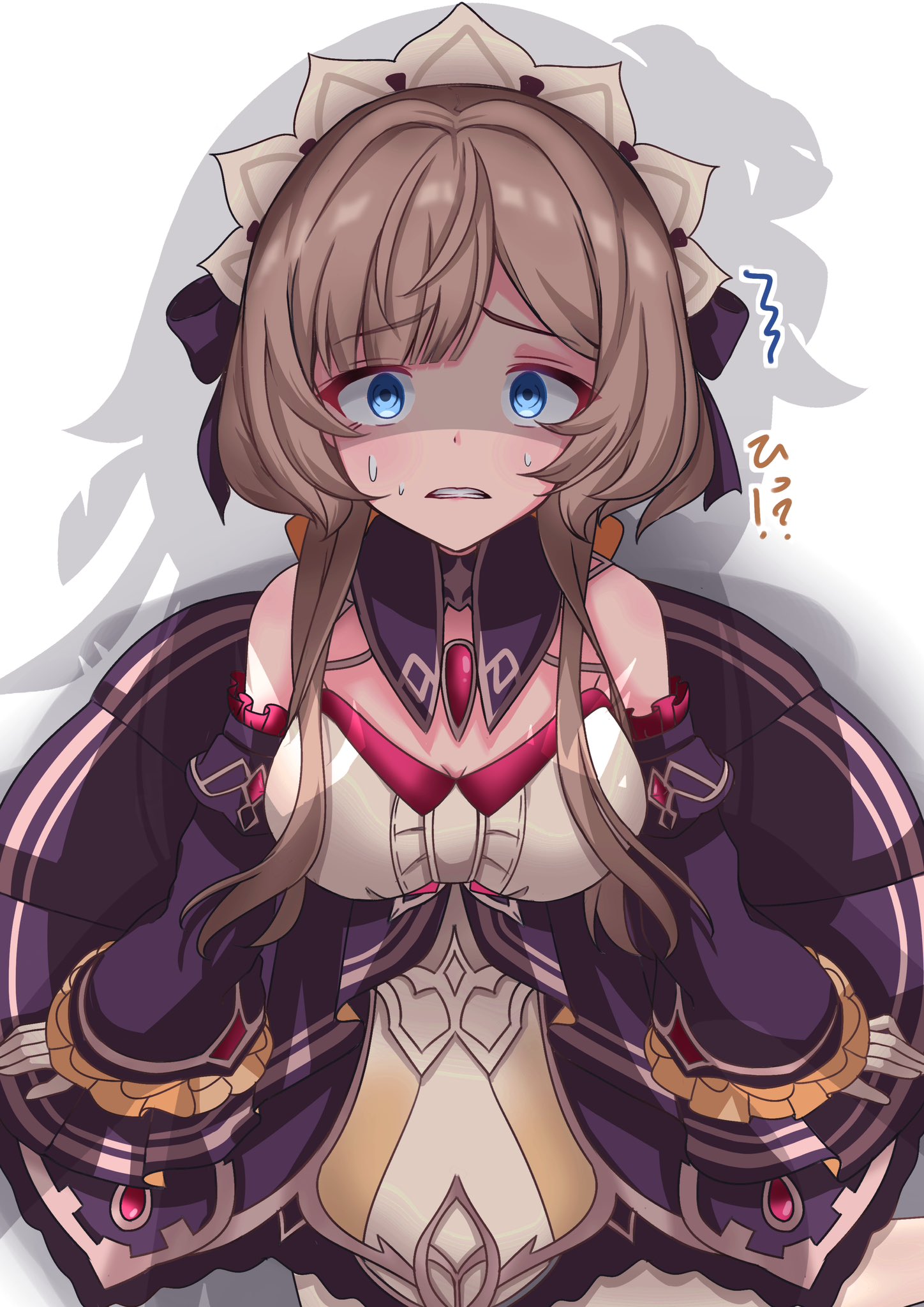 suraberu, lumine (genshin impact), sandrone (genshin impact), genshin impact, highres, 2girls, bare shoulders, black dress, blue eyes, breasts, brown hair, detached sleeves, dress, long bangs, looking at viewer, maid headdress, medium breasts, multiple girls, nervous sweating, shadow, sweat