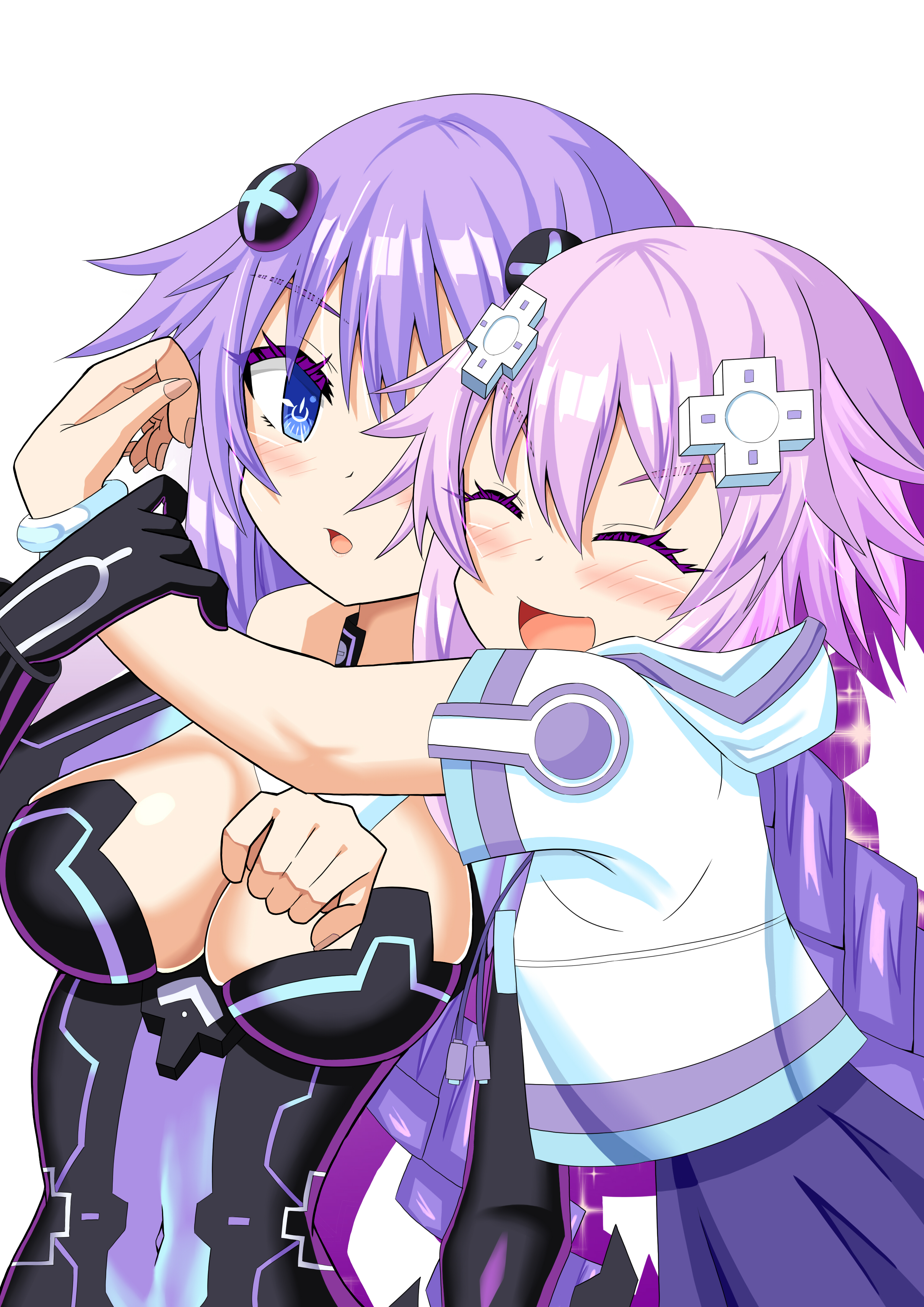 momoaneki, neptune (neptunia), purple heart (neptunia), neptune (series), absurdres, commentary request, highres, 2girls, blue eyes, blush, braid, breasts, cleavage, cleavage cutout, clothing cutout, d-pad, d-pad hair ornament, dual persona, gloves, hair ornament, hood, hooded jacket, jacket, leotard, medium breasts, multiple girls, neon trim, open mouth, power symbol, power symbol-shaped pupils, purple eyes, purple hair, short hair, symbol-shaped pupils, twin braids