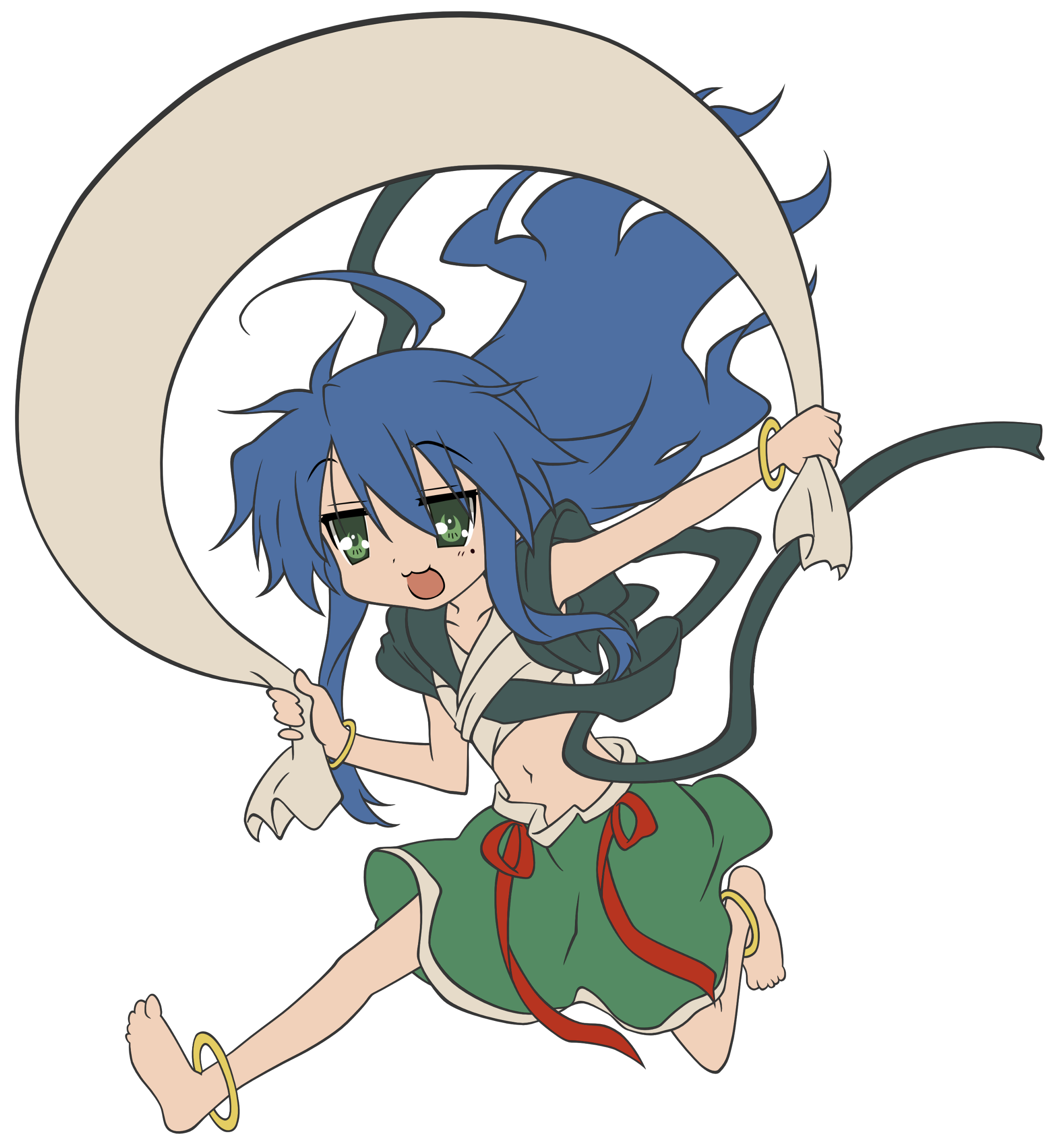izumi konata, lucky star, absurdres, derivative work, highres, vector trace, 00s, 1girl, barefoot, female focus, full body, mole, mole under eye, solo, transparent background