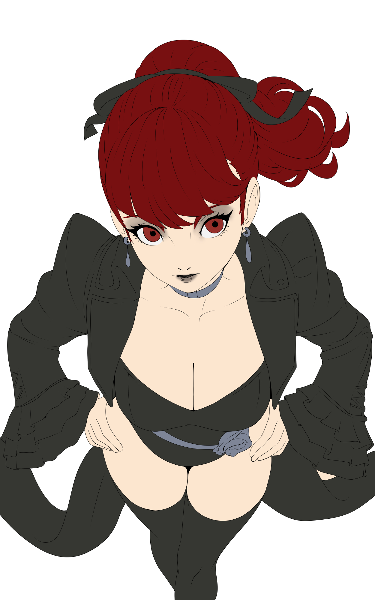 arant king, yoshizawa sumire, atlus, persona, persona 5, sega, highres, belt, black jacket, black lips, black ribbon, boots, breasts, cleavage, coattails, collar, earrings, flat color, flower, from above, jacket, jewelry, long sleeves, red eyes, red hair, ribbon, sketch, thigh boots, thighs