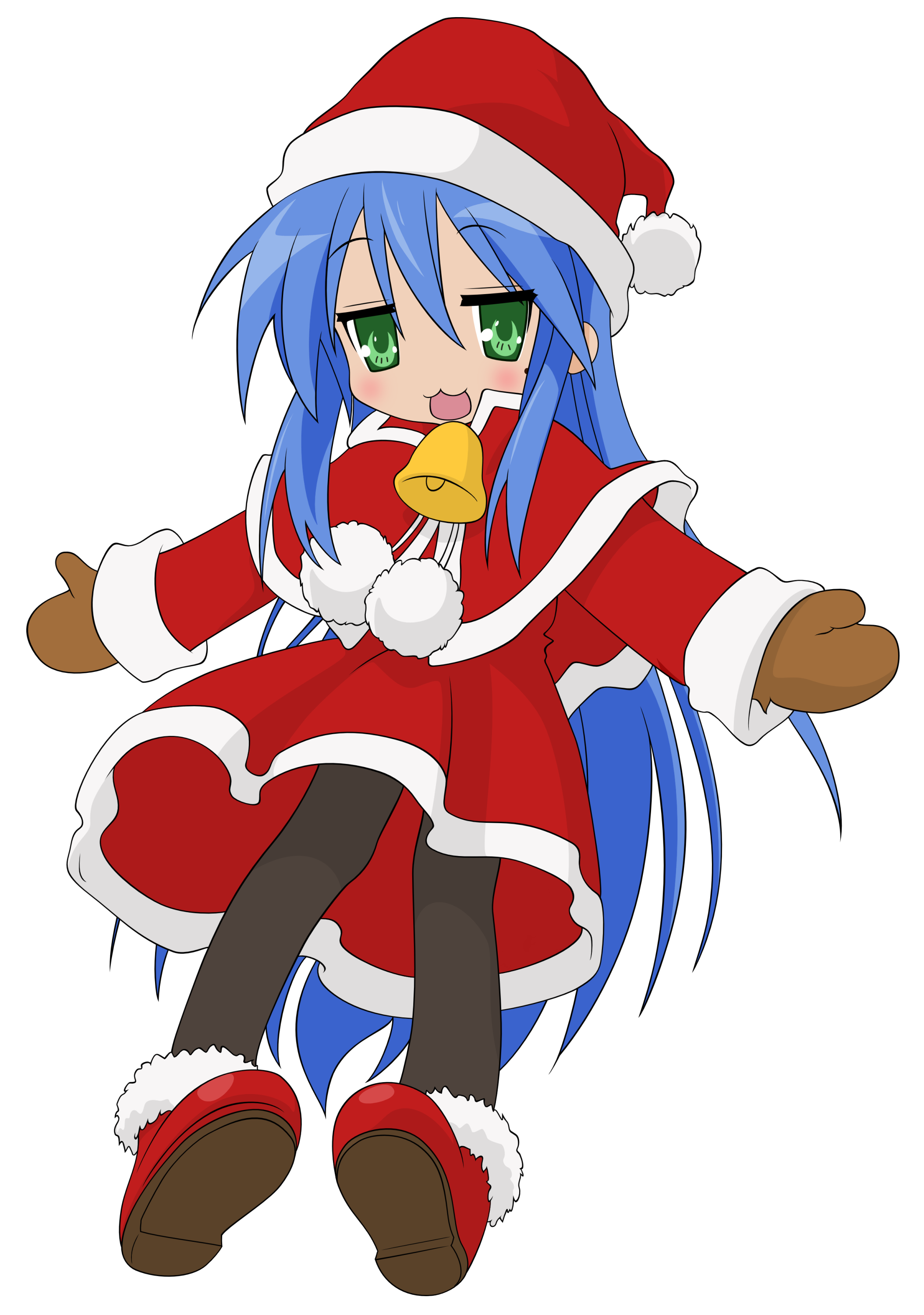 izumi konata, lucky star, absurdres, derivative work, highres, vector trace, 00s, 1girl, bell, blue hair, capelet, christmas, female focus, full body, green eyes, hat, mittens, mole, mole under eye, pantyhose, santa costume, santa hat, solo, transparent background