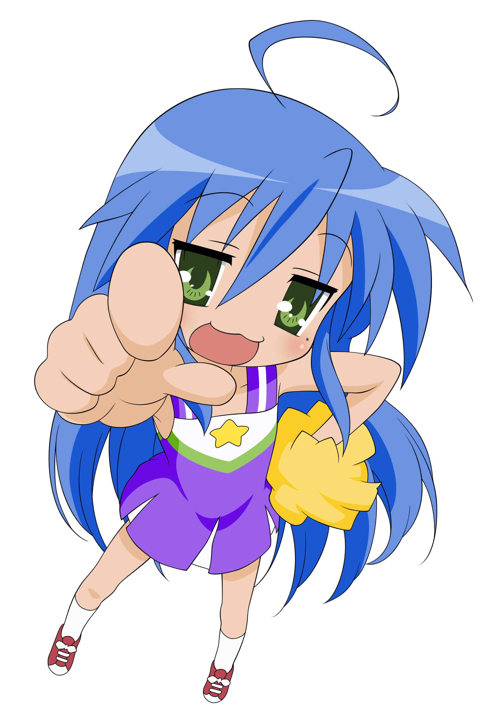 izumi konata, lucky star, absurdres, derivative work, highres, tagme, vector trace, 00s, 1girl, ahoge, cheerleader, female focus, full body, mole, pointing, pointing at viewer, shoes, socks, solo, standing, transparent background