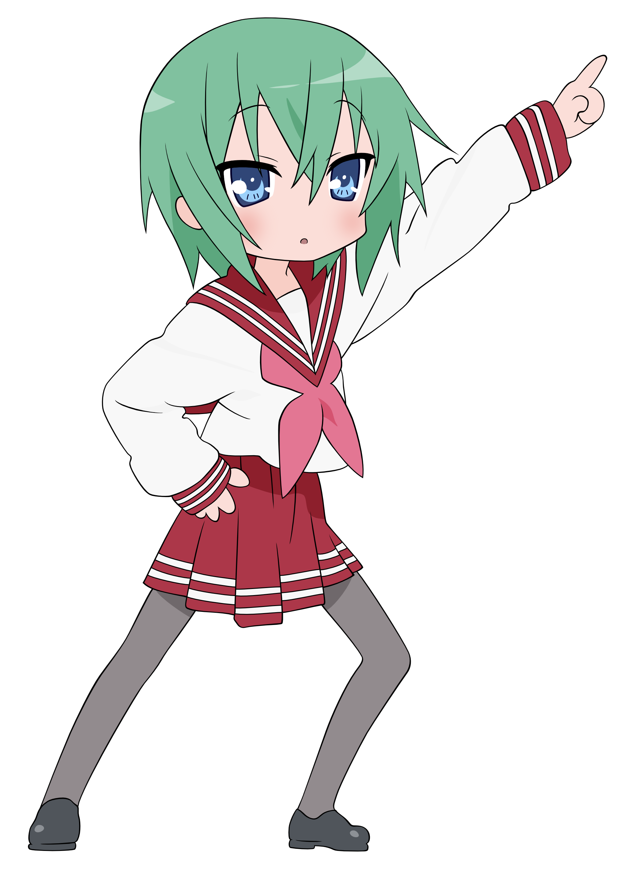 iwasaki minami, lucky star, absurdres, derivative work, highres, tagme, vector trace, 00s, full body, green hair, pointing, school uniform, transparent background