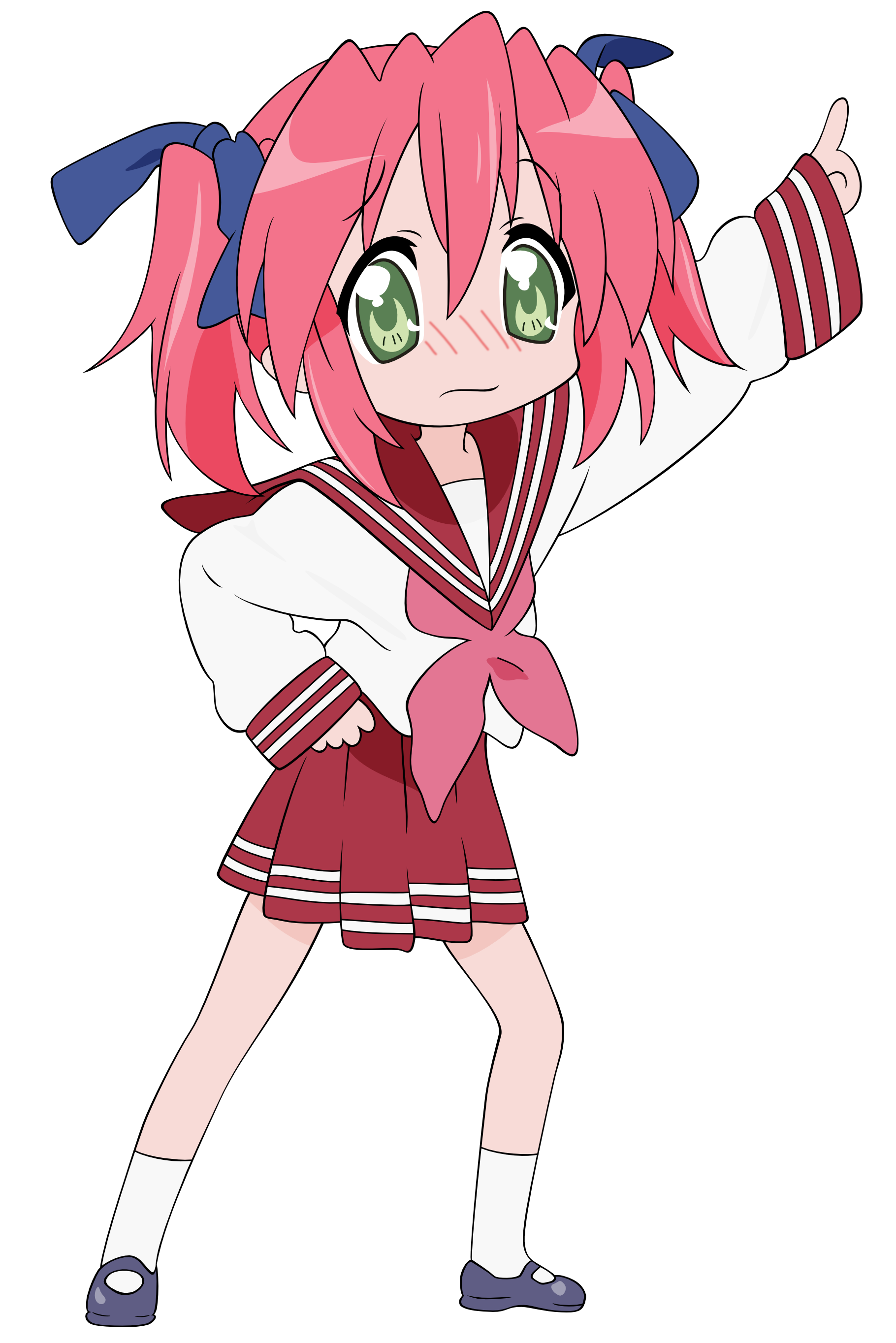kobayakawa yutaka, lucky star, absurdres, derivative work, highres, tagme, vector trace, 00s, 1girl, female focus, full body, pink hair, school uniform, shoes, skirt, socks, solo, standing, transparent background, twintails