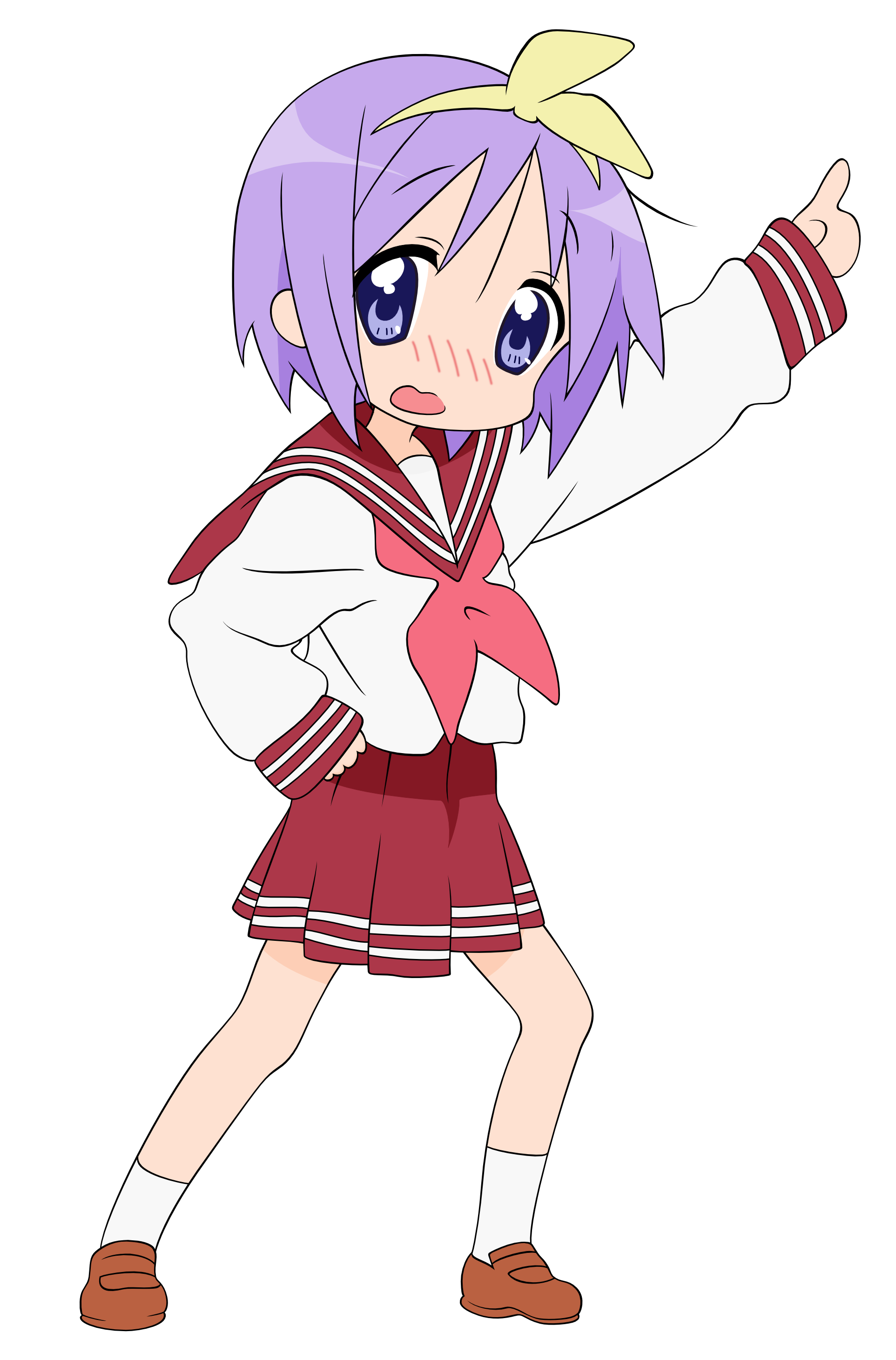 hiiragi tsukasa, lucky star, absurdres, derivative work, highres, tagme, vector trace, 00s, 1girl, blue eyes, blush, bow, female focus, full body, hair bow, headband, open mouth, purple hair, school uniform, serafuku, short hair, solo, transparent background