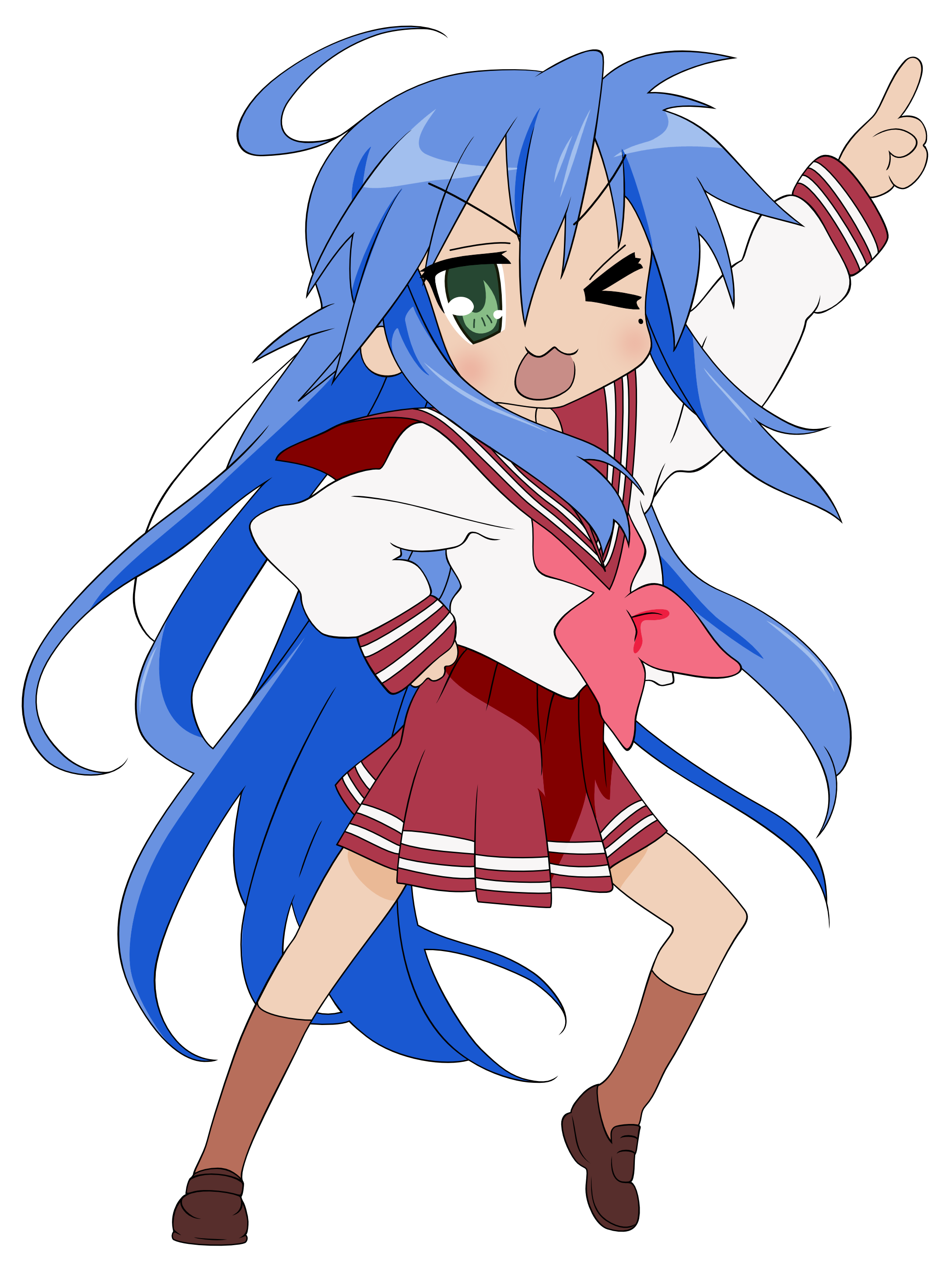 izumi konata, lucky star, absurdres, derivative work, highres, tagme, vector trace, 00s, 1girl, ahoge, female focus, full body, mole, pointing, school uniform, shoes, skirt, socks, solo, standing, transparent background