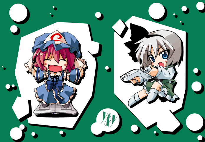 kotojima motoki, kotoshima, west lagoon, konpaku youmu, saigyouji yuyuko, touhou, bad id, bad pixiv id, 2girls, chibi, dress, female focus, hat, multiple girls, pink hair, skirt, white hair
