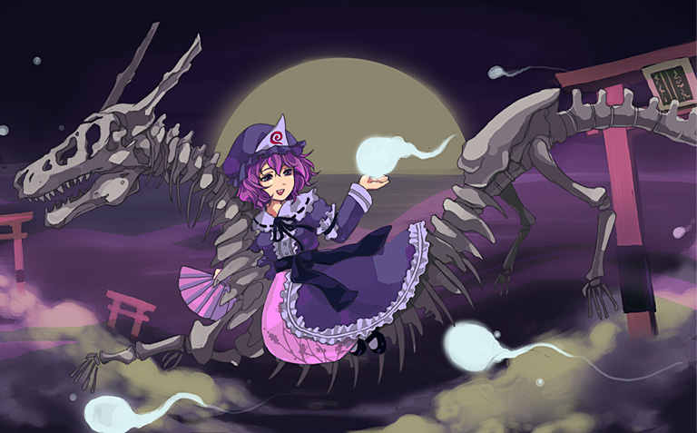 lovecom, saigyouji yuyuko, touhou, bad id, bad pixiv id, 1girl, dragon, female focus, flying, ghost, hat, hitodama, japanese clothes, open mouth, purple hair, skeleton, smile, solo, torii