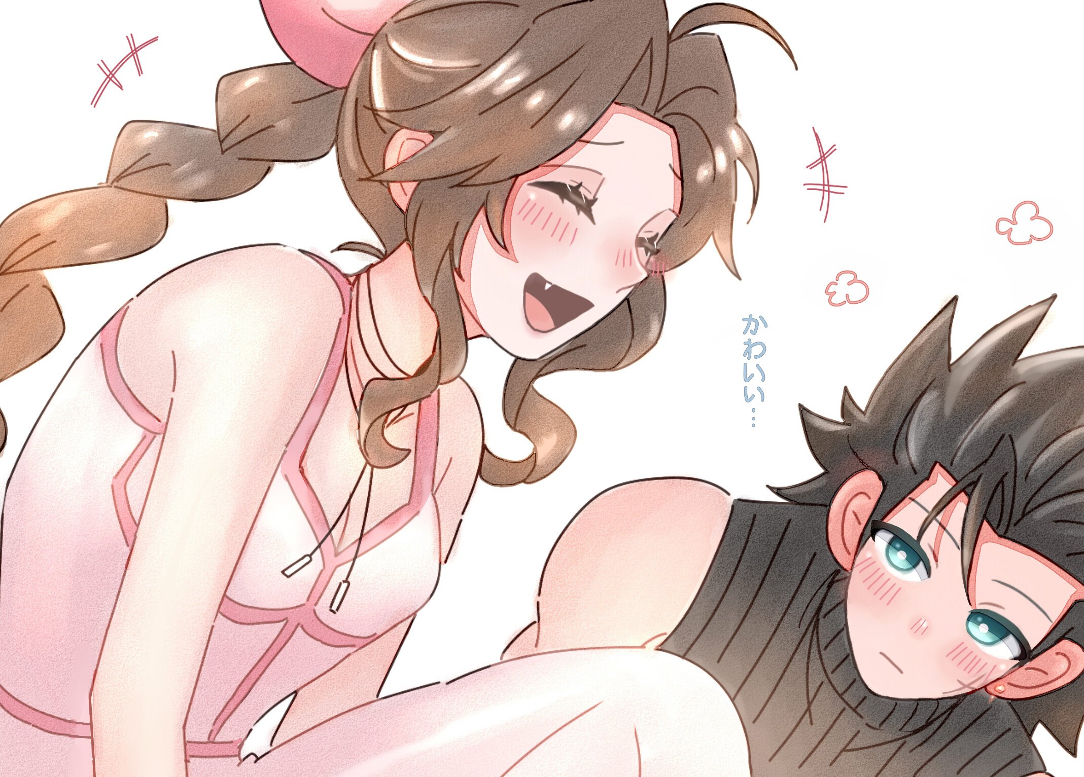 7 (milu577610), aerith gainsborough, zack fair, crisis core final fantasy vii, final fantasy, final fantasy vii, final fantasy vii remake, commentary request, highres, +++, 1boy, 1girl, bare shoulders, black hair, black sweater, blush, braid, braided ponytail, brown hair, choker, closed eyes, closed mouth, cross scar, dress, facial scar, fang, hair ribbon, laughing, long hair, looking at another, open mouth, parted bangs, pink dress, pink ribbon, ponytail, ribbed sweater, ribbon, scar, scar on cheek, scar on face, simple background, sleeveless, sleeveless dress, sleeveless turtleneck, smile, spiked hair, sweater, turtleneck, turtleneck sweater, upper body, white background