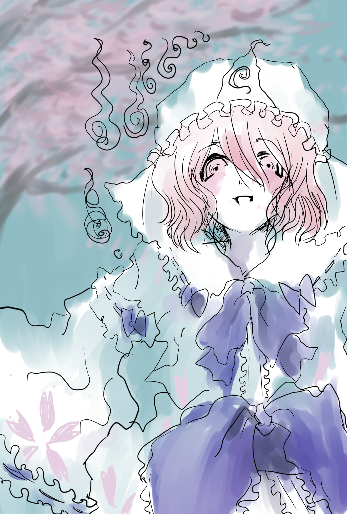 kojima (sunnysideriver), zouni, saigyouji yuyuko, touhou, bad id, bad pixiv id, highres, 1girl, female focus, hat, mob cap, solo