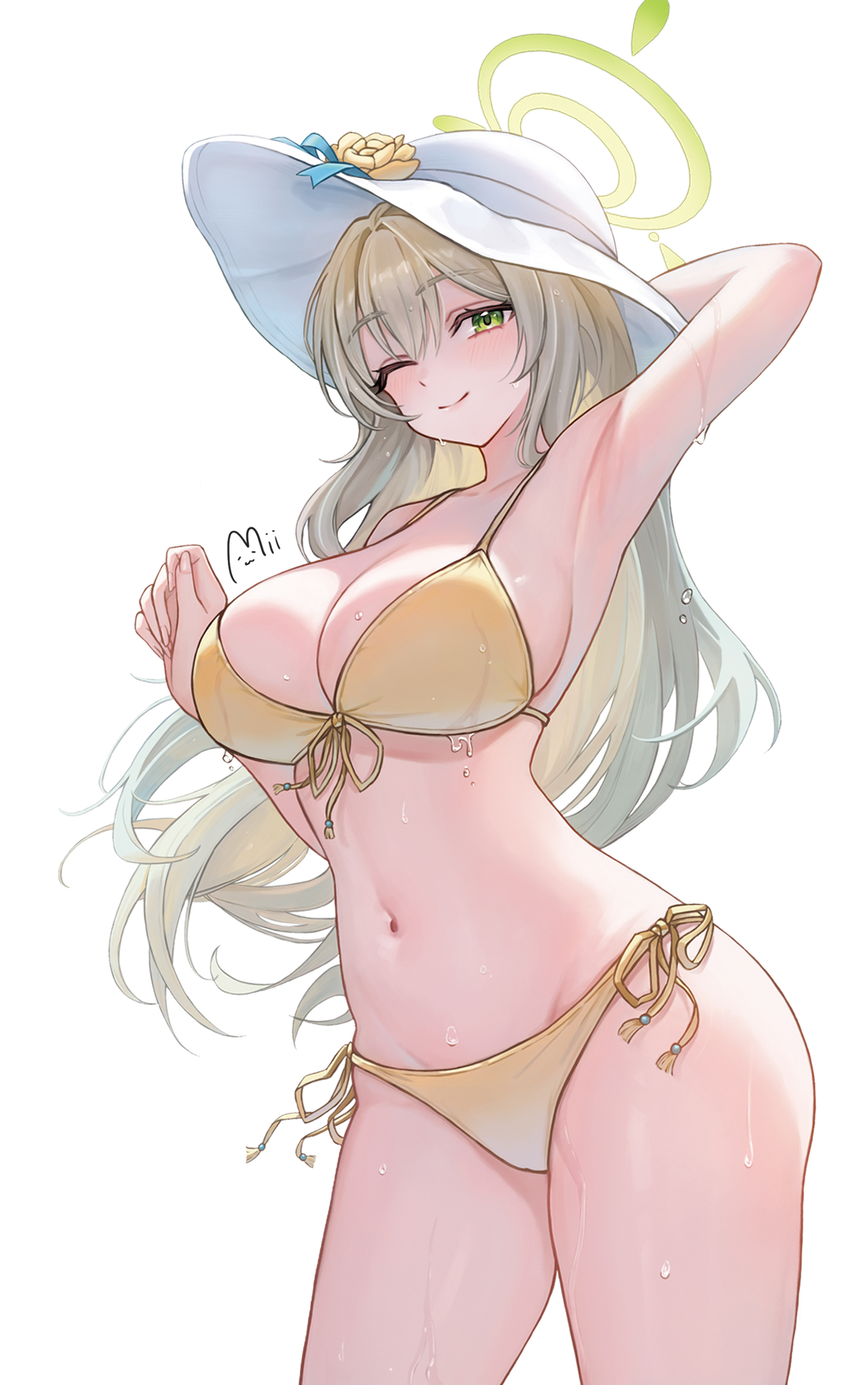 nonomi (blue archive), nonomi (swimsuit) (blue archive), blue archive, commentary, highres, 1girl, arm behind head, arm up, armpits, bikini, blush, breasts, brown hair, cleavage, closed mouth, cowboy shot, flower, front-tie bikini top, front-tie top, green eyes, green halo, halo, hat, hat flower, large breasts, long hair, looking at viewer, mii ee2, navel, official alternate costume, one eye closed, side-tie bikini bottom, signature, simple background, smile, solo, standing, stomach, sun hat, swimsuit, wet, white background, white hat, yellow bikini