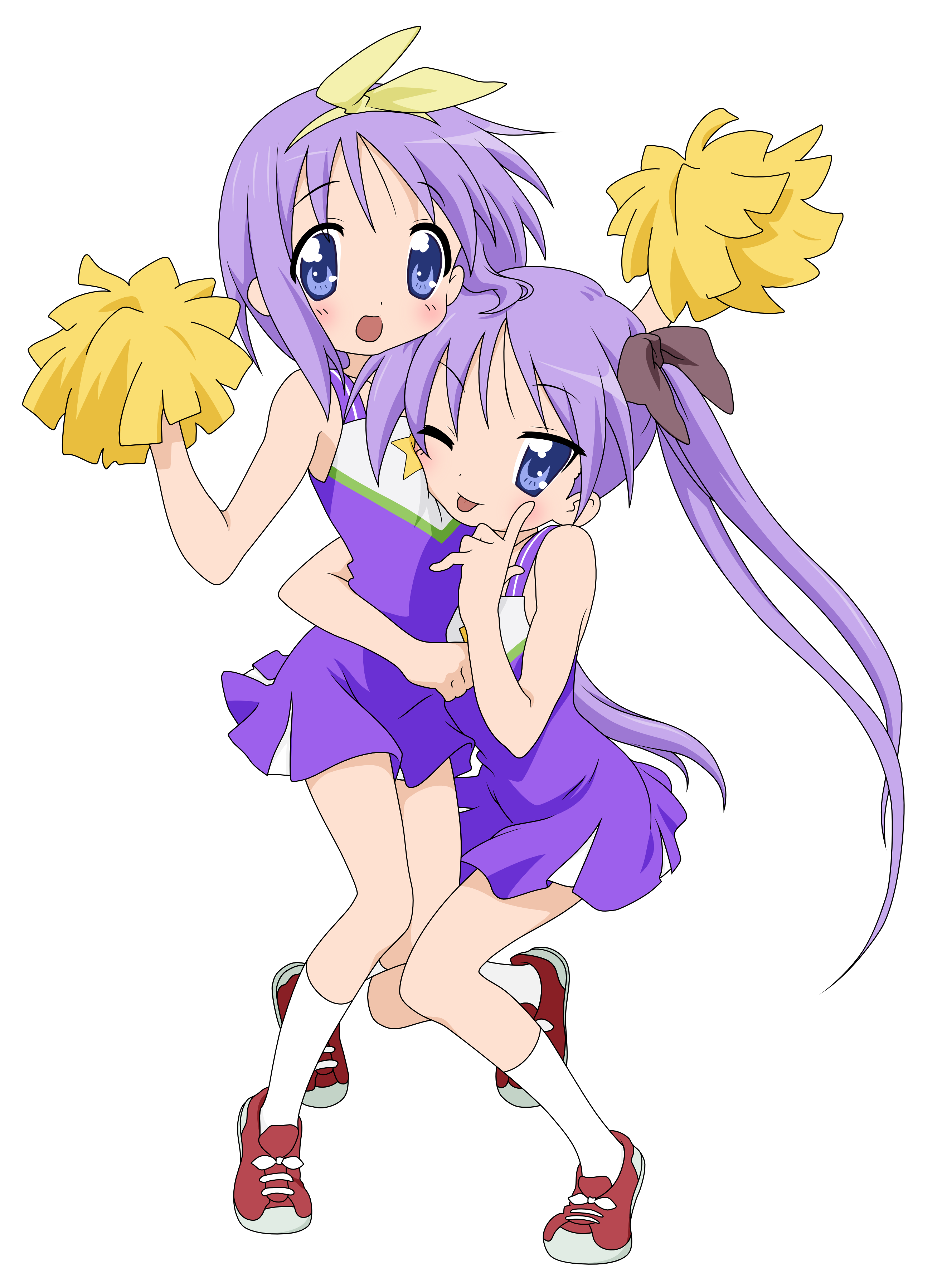 hiiragi kagami, hiiragi tsukasa, lucky star, absurdres, derivative work, highres, tagme, vector trace, 00s, 2girls, blue eyes, cheerleader, hug, multiple girls, one eye closed, purple hair, short hair, siblings, sisters, transparent background, twins, twintails, wink