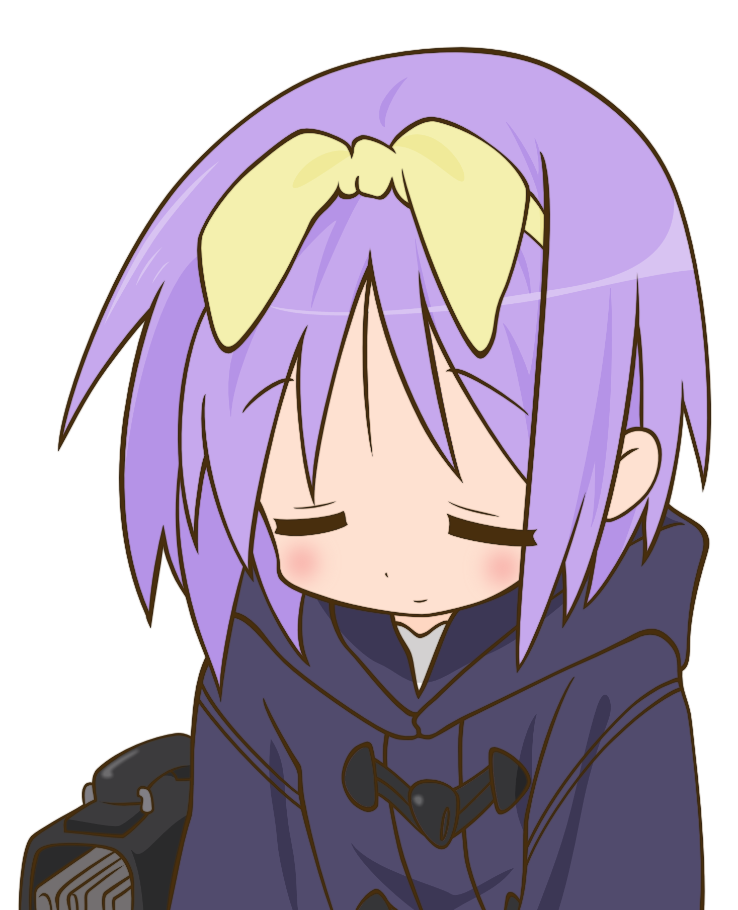 hiiragi tsukasa, lucky star, derivative work, highres, vector trace, 00s, closed eyes, hairband, purple hair, short hair, solo, transparent background