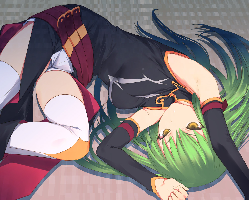 uni (plastic girl), c.c., code geass, 00s, armpits, belt, boots, detached sleeves, dress, green hair, long hair, thighhighs, yellow eyes