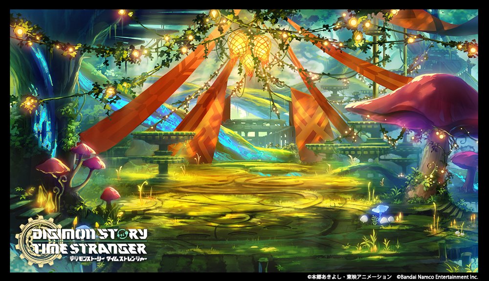digimon, digimon story: time stranger, concept art, official art, black border, border, copyright name, forest, nature, no humans, tree