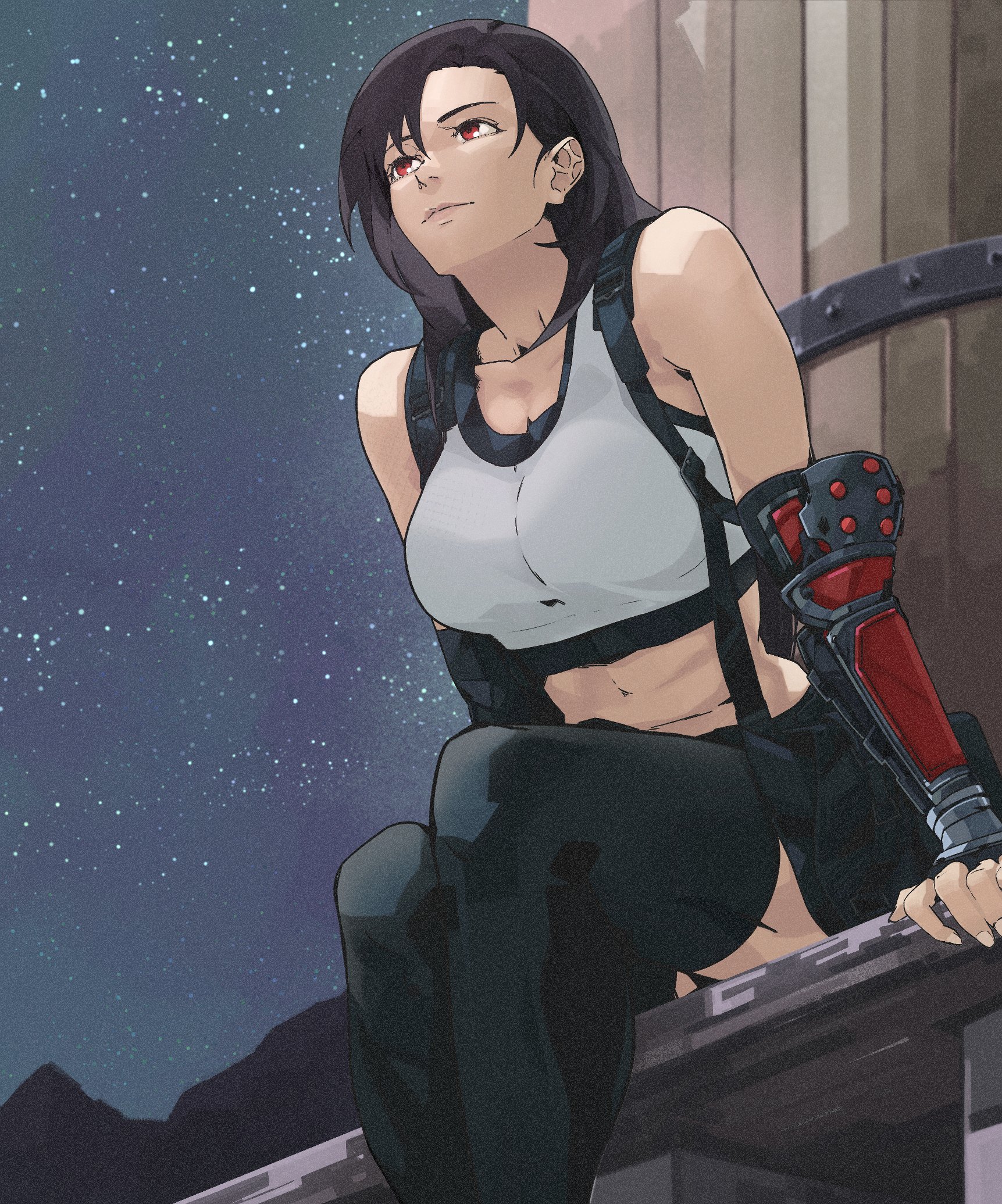 dakaeya, tifa lockhart, final fantasy, final fantasy vii, final fantasy vii remake, commentary, english commentary, highres, 1girl, bare shoulders, black gloves, black hair, black skirt, black sports bra, black thighhighs, breasts, closed mouth, collarbone, crop top, elbow gloves, feet out of frame, fingerless gloves, gloves, large breasts, lips, long hair, midriff, miniskirt, mountain, navel, night, night sky, outdoors, red eyes, single arm guard, sitting, skirt, sky, solo, sports bra, star (sky), starry sky, suspender skirt, suspenders, tank top, thighhighs, water tank, white tank top