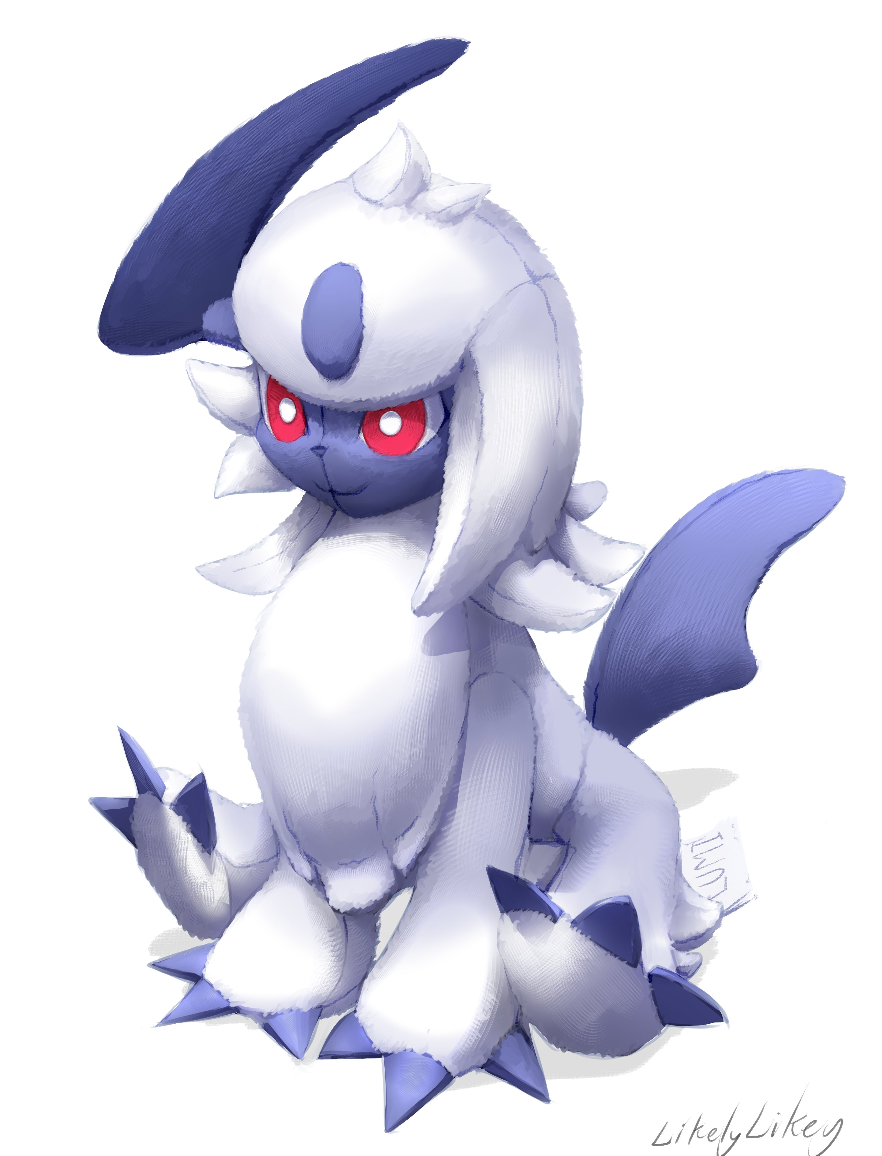 likey, absol, nintendo, pokemon, absurdres, commentary, highres, character doll, doll, gen 3 pokemon, no humans, object focus, signature, simple background, still life, white background