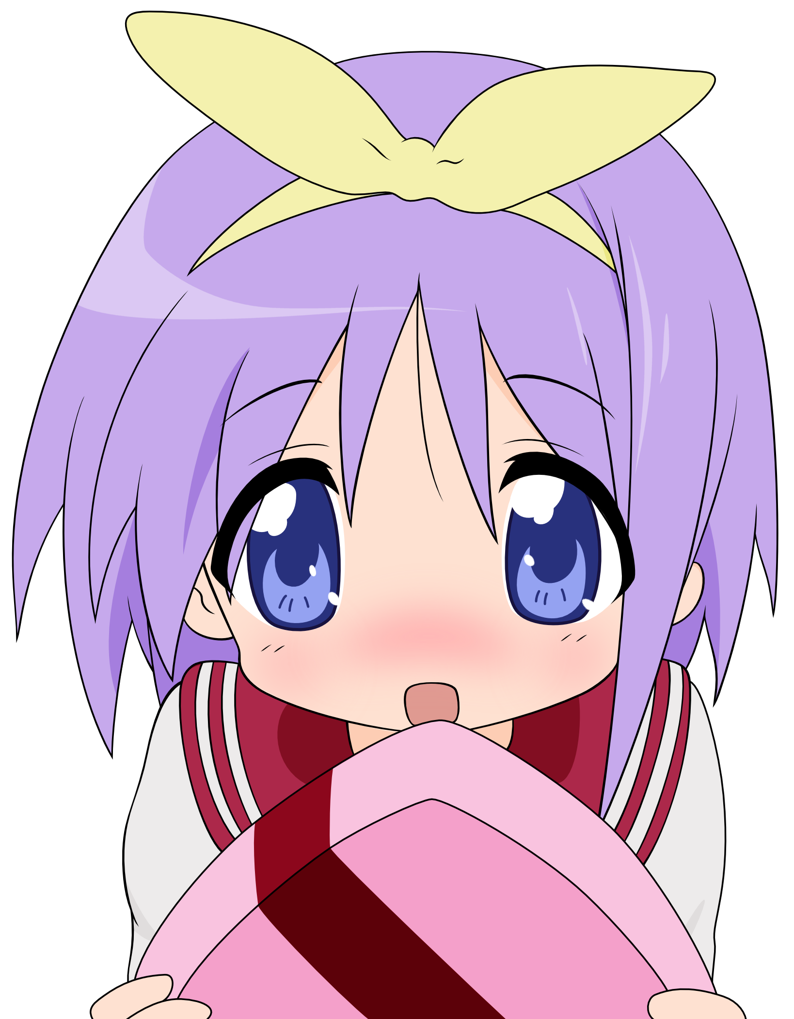 hiiragi tsukasa, lucky star, derivative work, highres, tagme, vector trace, 00s, 1girl, blue eyes, blush, bow, female focus, hair bow, headband, open mouth, purple hair, school uniform, serafuku, short hair, solo, transparent background, valentine