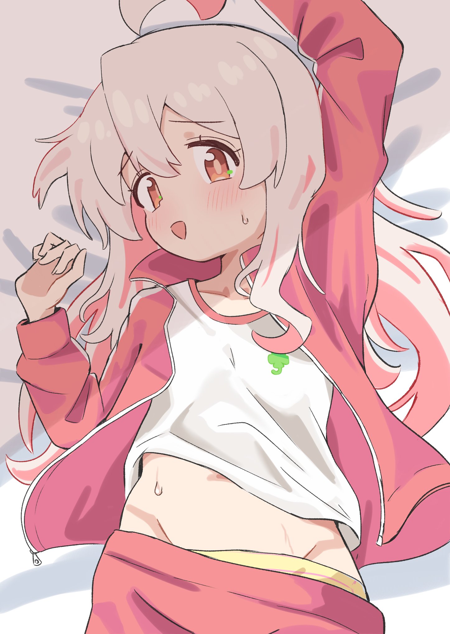 riannn desu, oyama mahiro, onii-chan wa oshimai!, commentary, highres, 1girl, ahoge, bed sheet, blush, brown eyes, cowboy shot, groin, hair between eyes, jacket, long hair, long sleeves, looking at viewer, lying, midriff, on back, open clothes, open jacket, open mouth, panties, panty peek, pink hair, red jacket, shirt, solo, underwear, white shirt, yellow panties