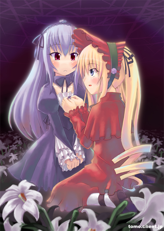 kitahara tomoe (kitahara koubou), shinku, suigintou, rozen maiden, bad id, bad pixiv id, 00s, 2girls, blonde hair, blue eyes, blush, bonnet, dress, drill hair, flower, frills, gothic lolita, hairband, lily (flower), lolita fashion, long hair, looking at another, multiple girls, red eyes, ribbon, twintails, yuri