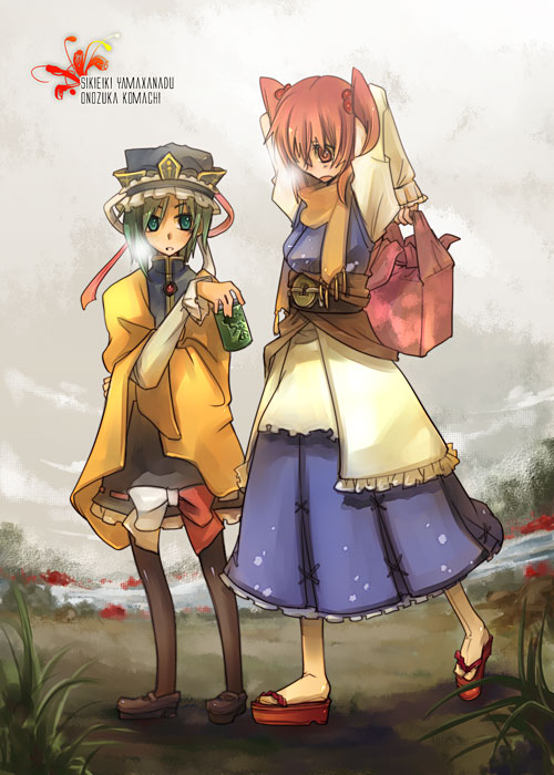 inuinui, onozuka komachi, shiki eiki, touhou, 2girls, bag, breath, female focus, green hair, hair bobbles, hair ornament, hat, mob cap, multiple girls, okobo, platform sandals, red hair, sandals, scarf, short hair
