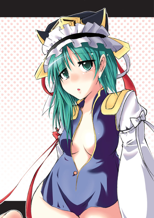 akira aoi, kusaka eiki, shiki eiki, touhou, bad id, bad pixiv id, 1girl, female focus, green eyes, green hair, matching hair/eyes, open clothes, open shirt, shirt, solo