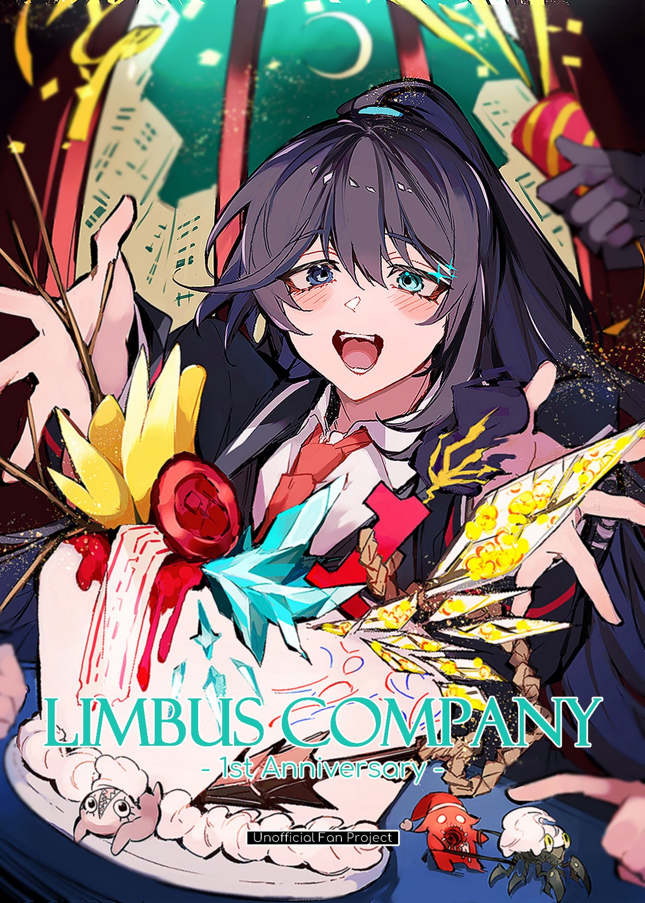 nakame77, bongy (project moon), hong lu (project moon), limbus company, project moon, highres, 1boy, anniversary, black coat, black eyes, black hair, blue eyes, cake, coat, collared shirt, food, heterochromia, high ponytail, long hair, long sleeves, looking at viewer, male focus, necktie, open mouth, outstretched arms, party popper, ponytail, red necktie, shirt, solo, upper body, very long hair, wax seal, white shirt