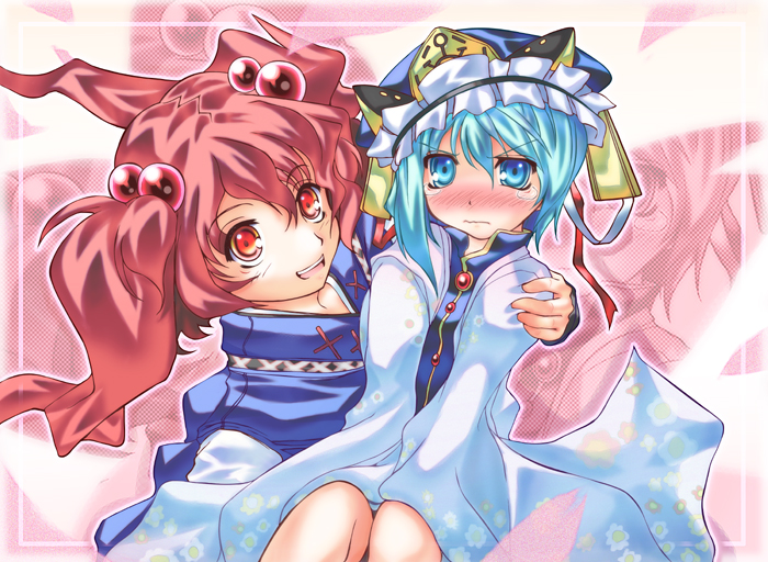 hase nanase, onozuka komachi, shiki eiki, touhou, 2girls, blue eyes, blush, female focus, green hair, multiple girls, red eyes, red hair, tears