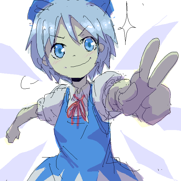 nagaike, cirno, embodiment of scarlet devil, touhou, bad id, bad pixiv id, 1girl, blue eyes, blue hair, dress, female focus, matching hair/eyes, simple background, solo, v, white background