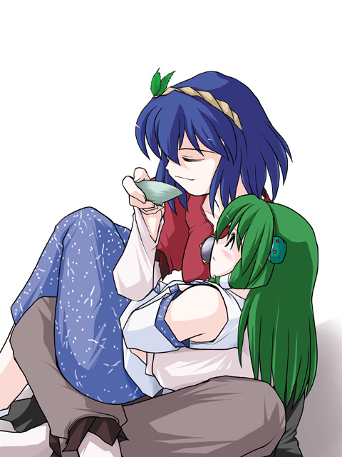 yuzukineko, kochiya sanae, yasaka kanako, touhou, 2girls, alcohol, blue hair, female focus, green hair, multiple girls, sake