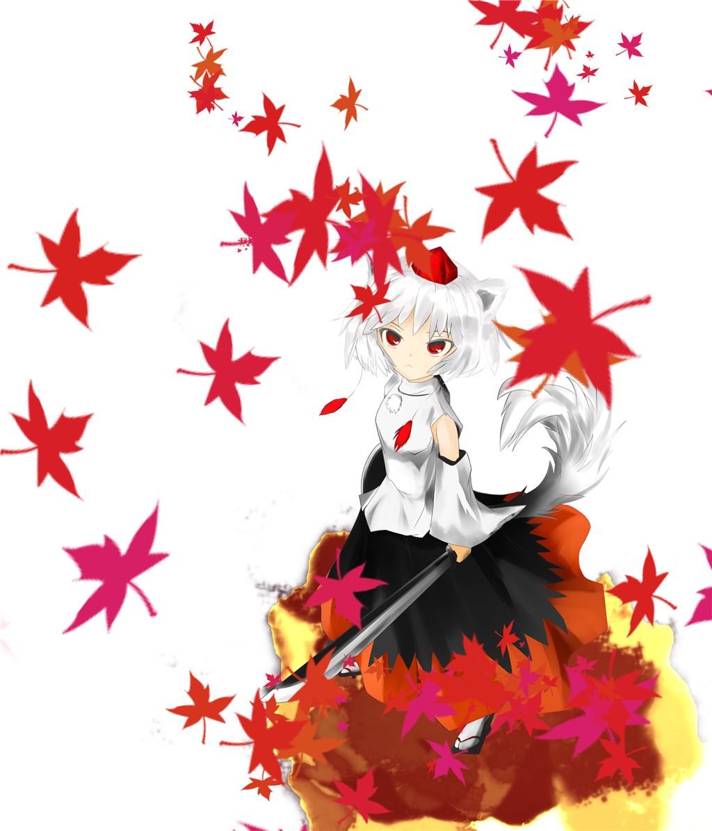 risshu, inubashiri momiji, touhou, bad id, bad pixiv id, 1girl, animal ears, dog ears, dog tail, female focus, long skirt, red eyes, skirt, solo, sword, tail, weapon, white hair, wolf ears, wolf tail