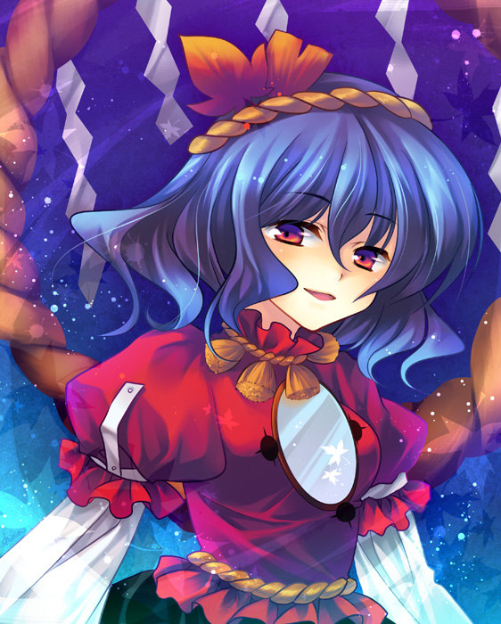 shinia, yasaka kanako, touhou, 1girl, blue hair, female focus, hair ornament, leaf hair ornament, red eyes, solo
