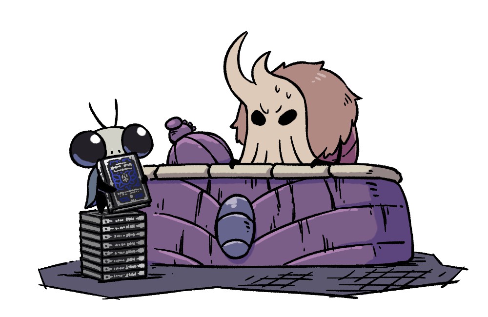 fuifui, sly (hollow knight), hollow knight, antennae, arthropod boy, black eyes, holding, lemm (hollow knight), simple background, sweat, table, white background